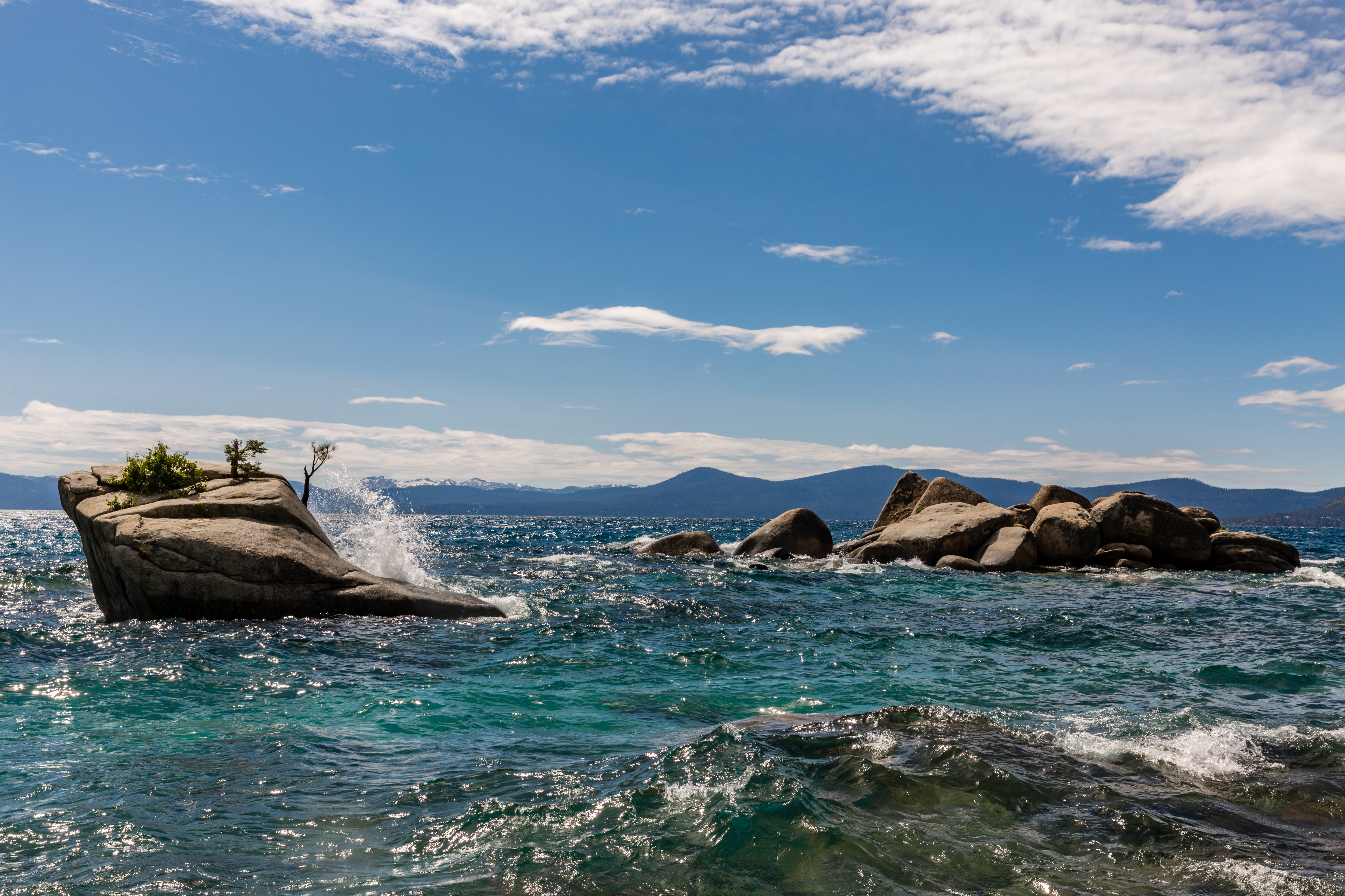 Crashing waves on Lake Tahoe's rocky east shore.