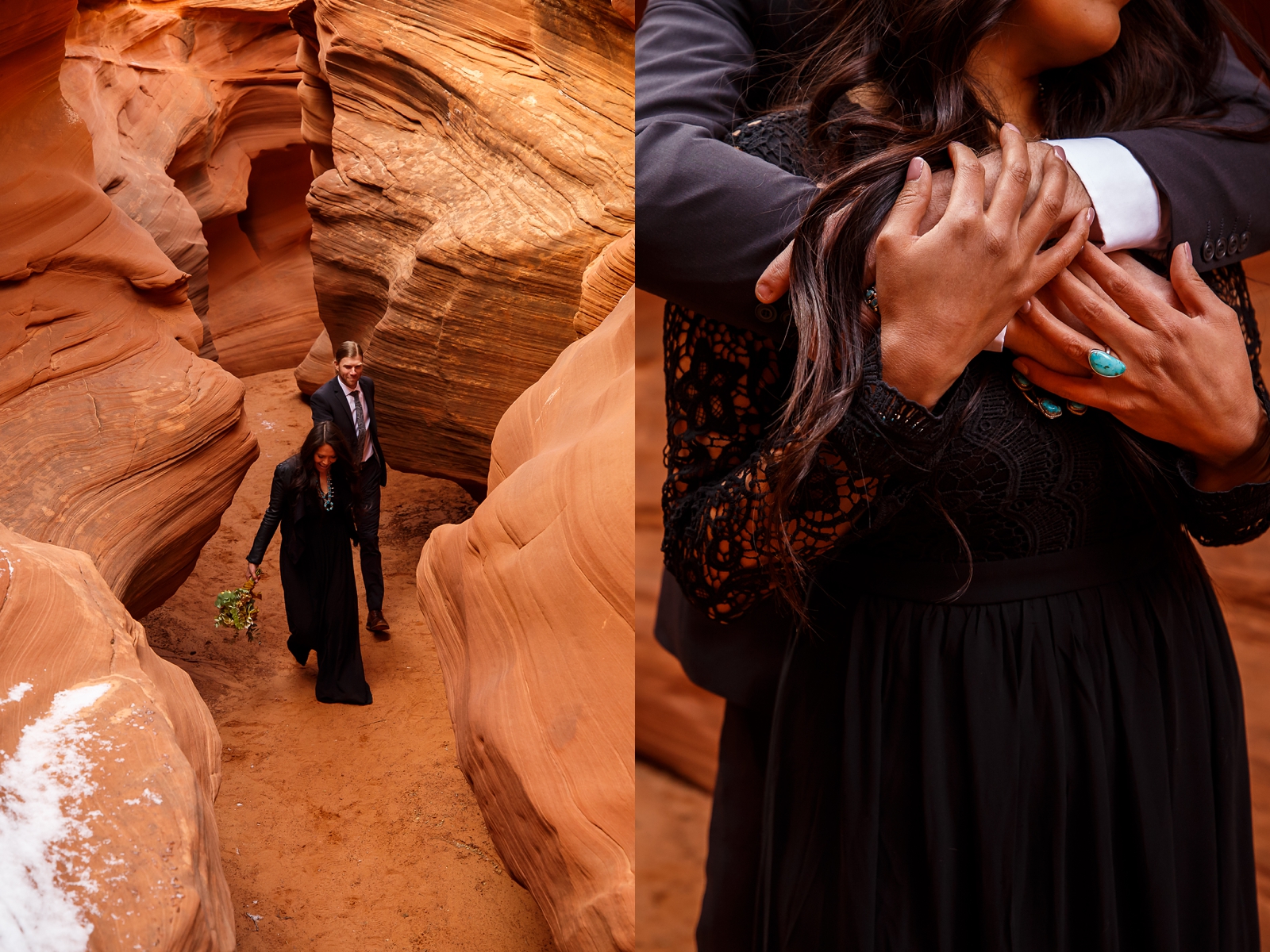 Couple exploring a slot canyon and cuddling