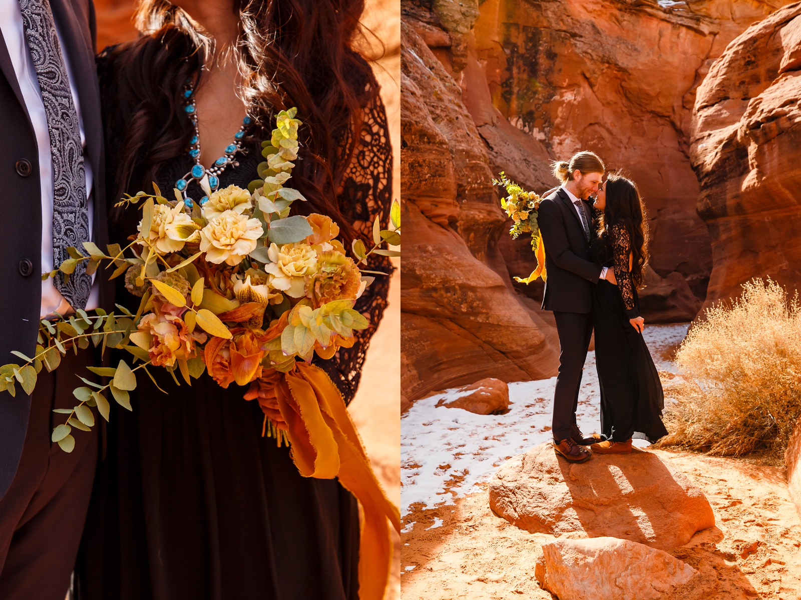 Couple cuddling and showing off boho bouquet in a slot canyon.