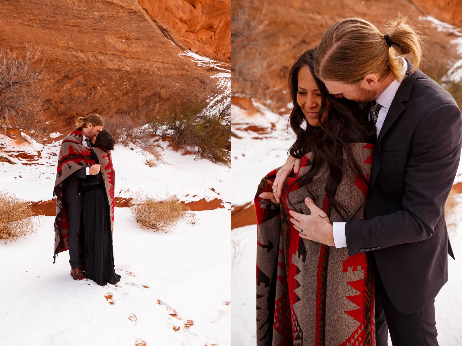 Couple using a tribal print blanket to keep warm on their adventure session.