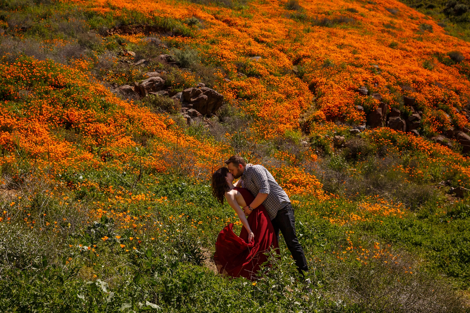 Couple kissing in wildflower fields. 
