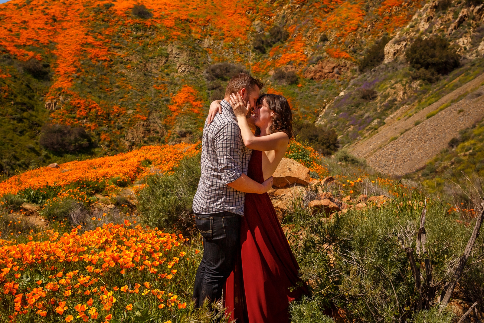 Kissing couple in spring SoCal wildflowers.