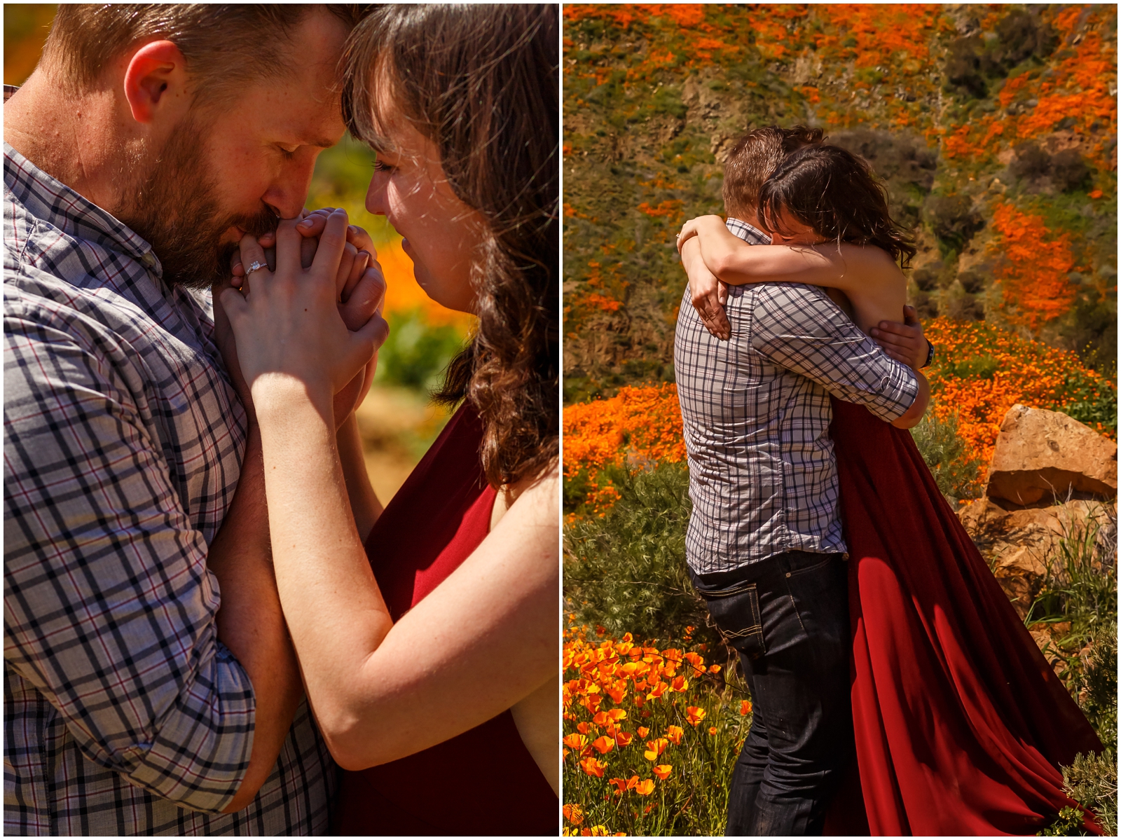 Engaged couple embracing in the spring wildflowers