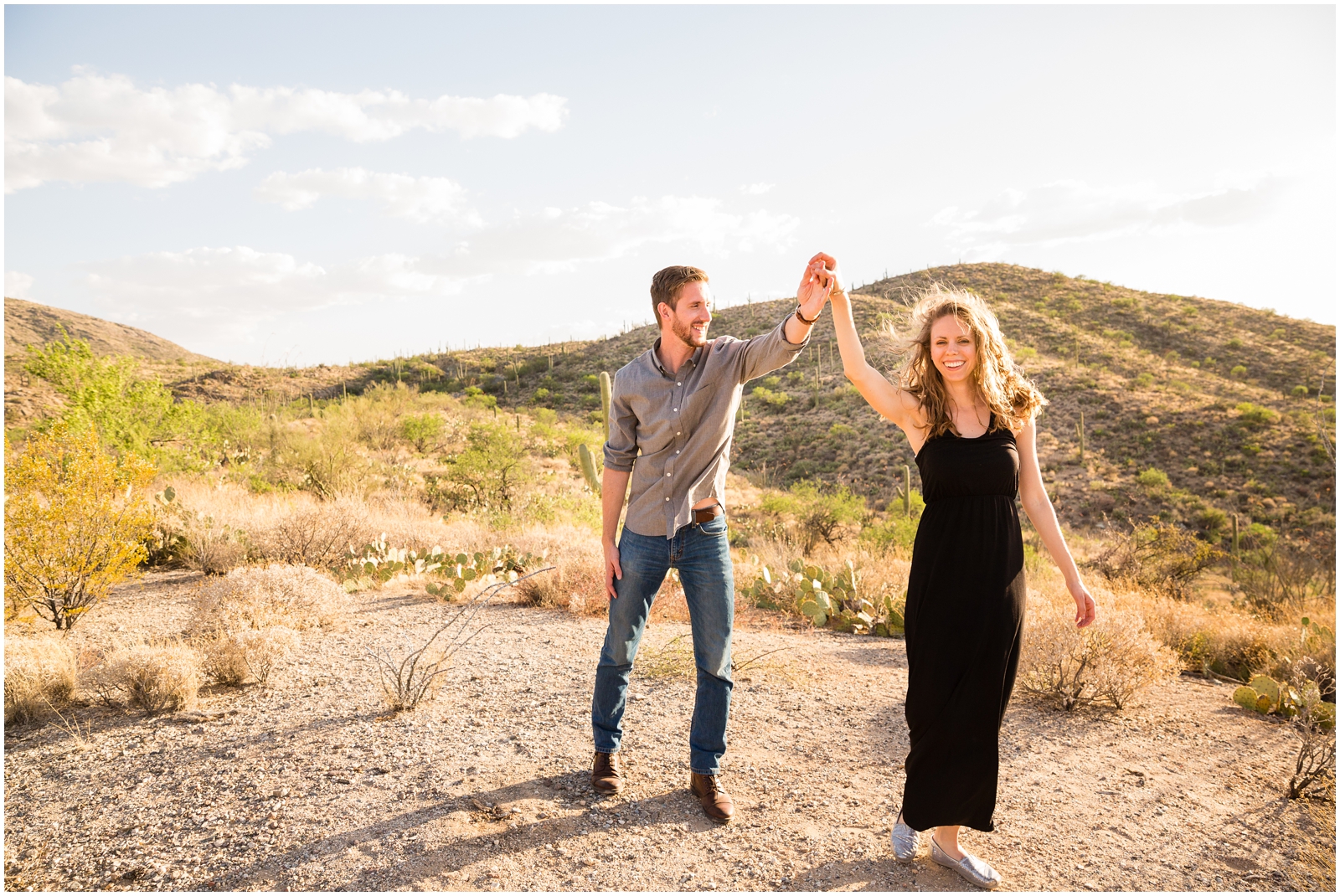 This couple had a blast on their Arizona adventure session. They laughed, hiked, danced, bouldered, and more all while having me, Clarissa Wylde of Clarissa Wylde Photography, document their love in Saguaro National Park.