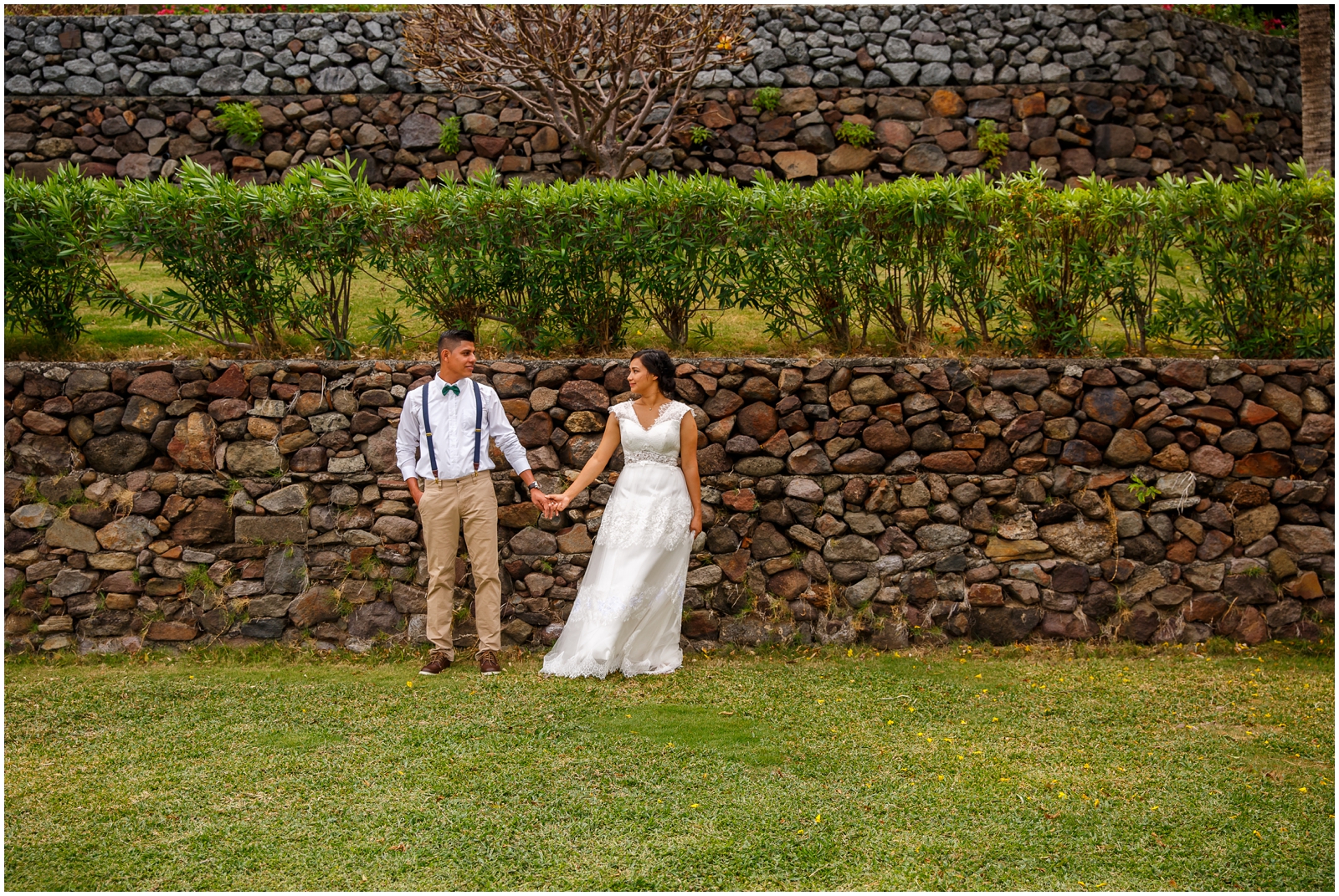 A bride and groom on a terrace in Nicaragua.