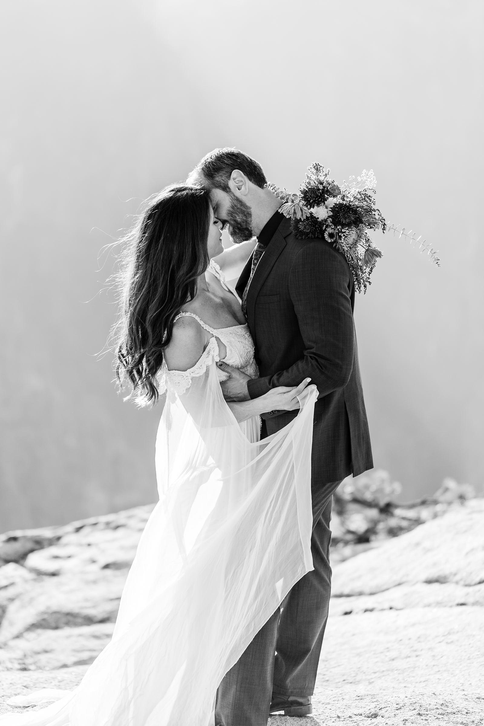 Romantic kiss in black and white.