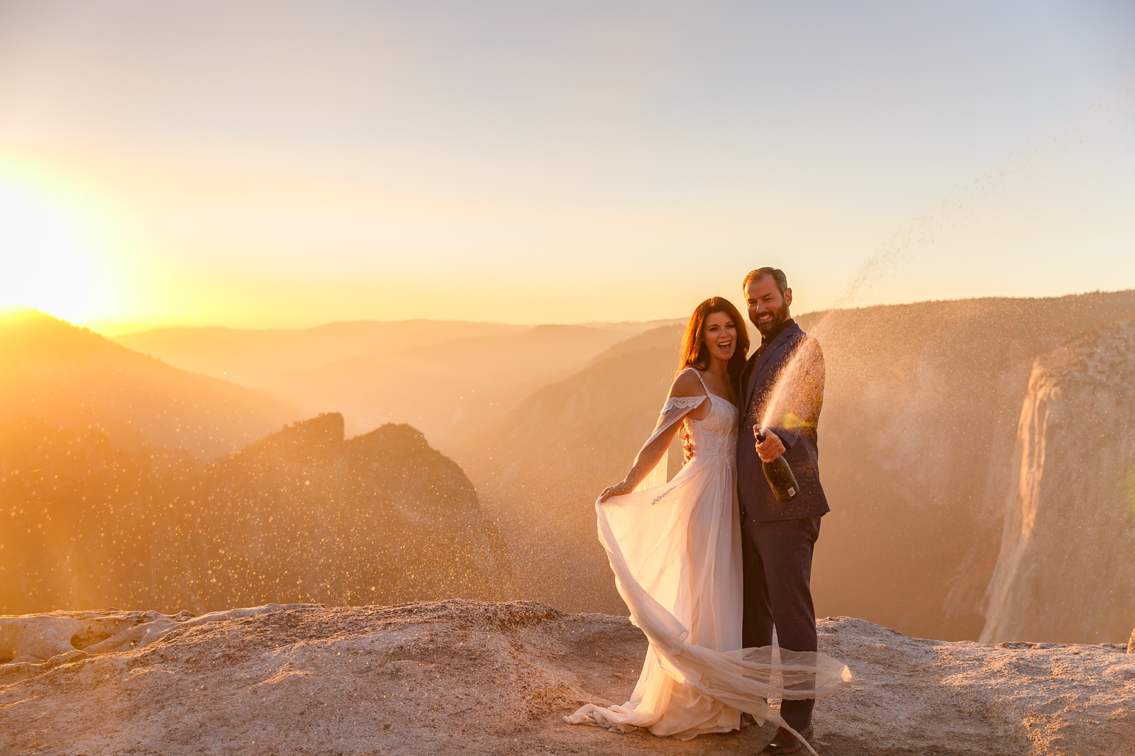This couple popped some bubbly at their Yosemite elopement.