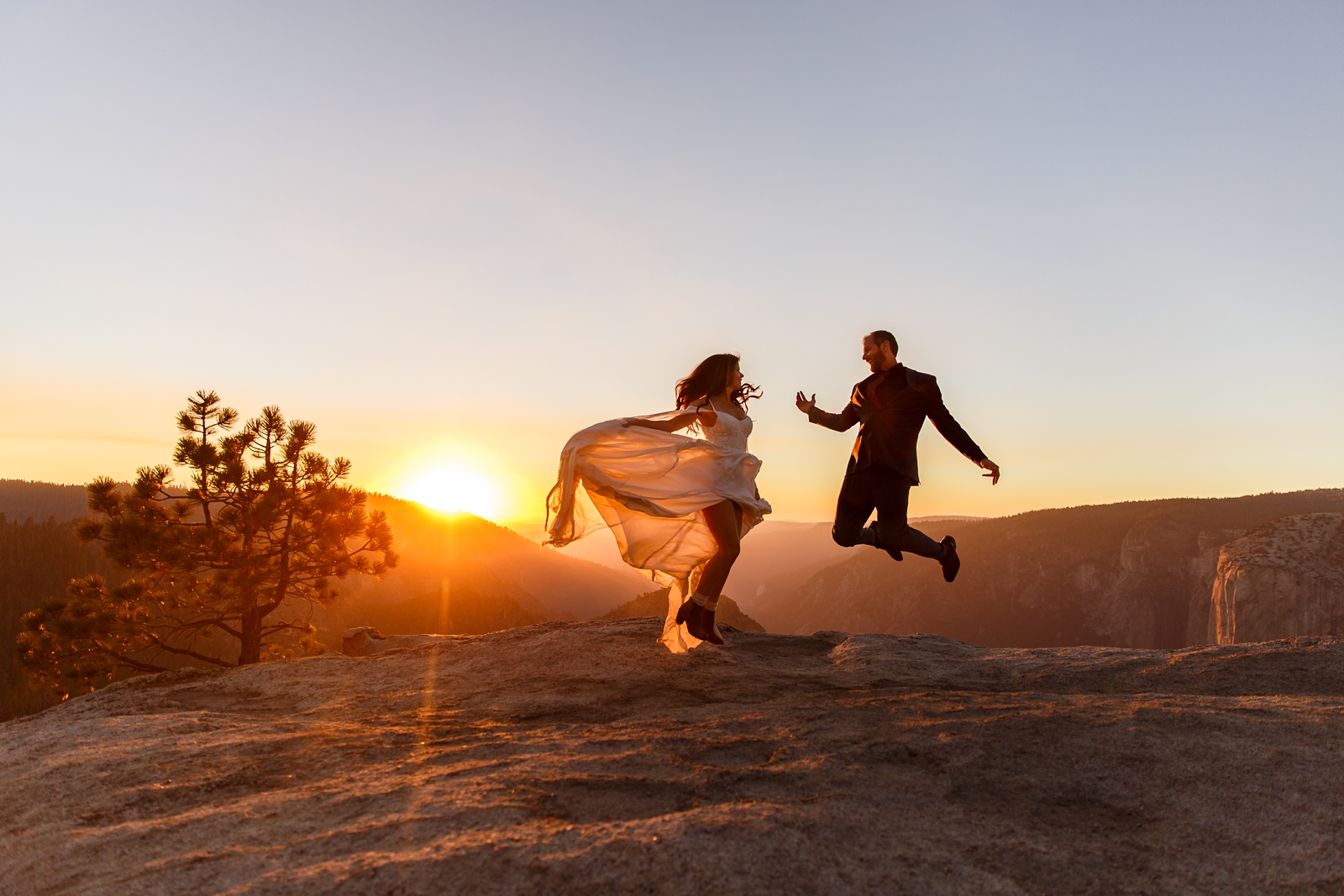 Classic jump shot at this couple's Yosemite National Park elopement.