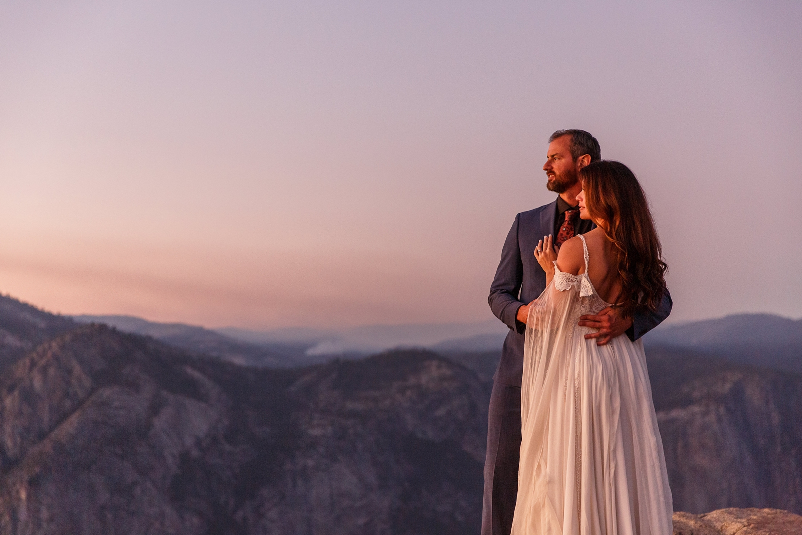 This couple eloped at pink hour sunset in Yosemite.
