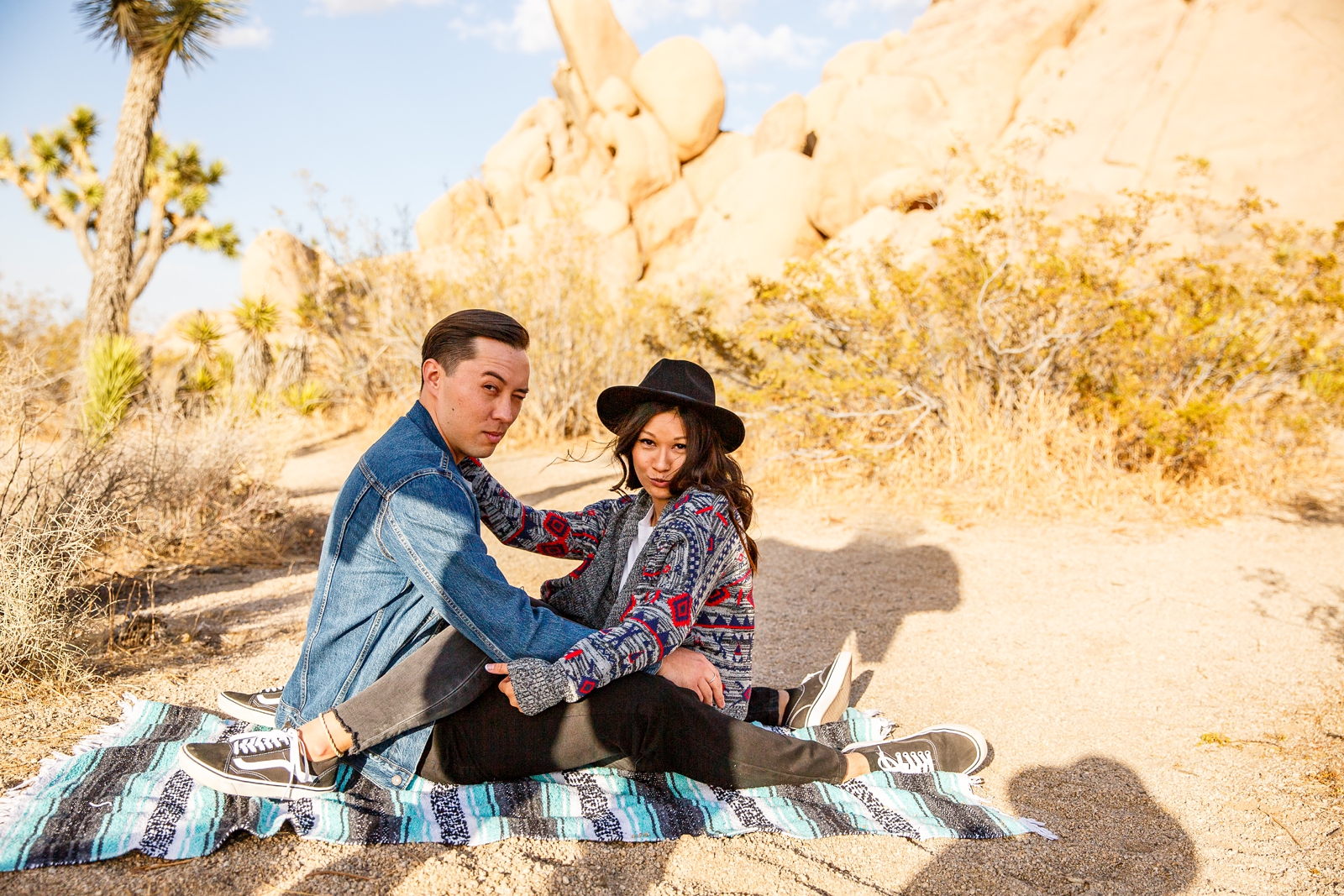 Engaged couple doing "Blue Steel" at their Joshua Tree engagement session.