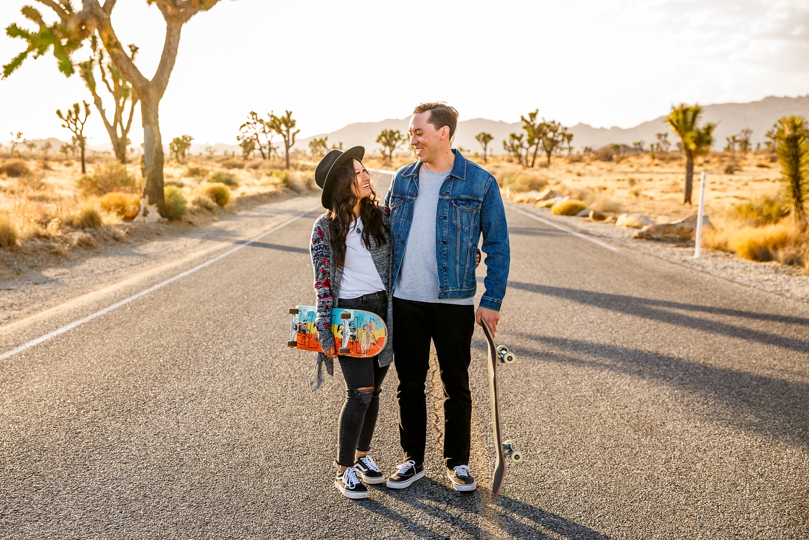This skateboarding couple got engaged in Joshua Tree NP at sunset.