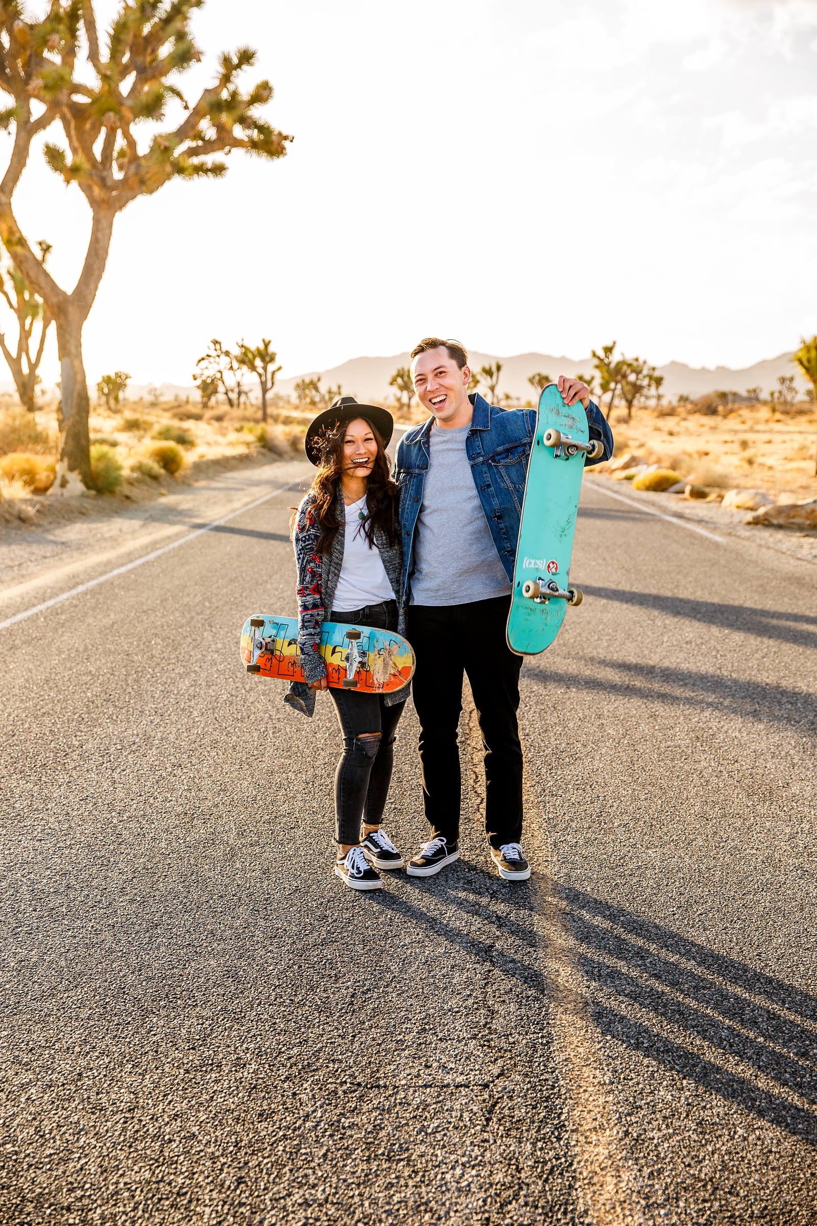 This engaged couple wanted to skateboard in Joshua Tree NP!