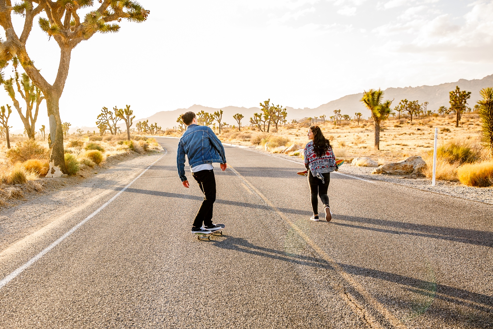 This engaged couple skateboarded into the sunset at Joshua Tree NP.