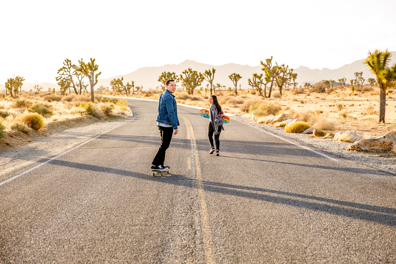 This engaged couple skateboarded in Joshua Tree NP.