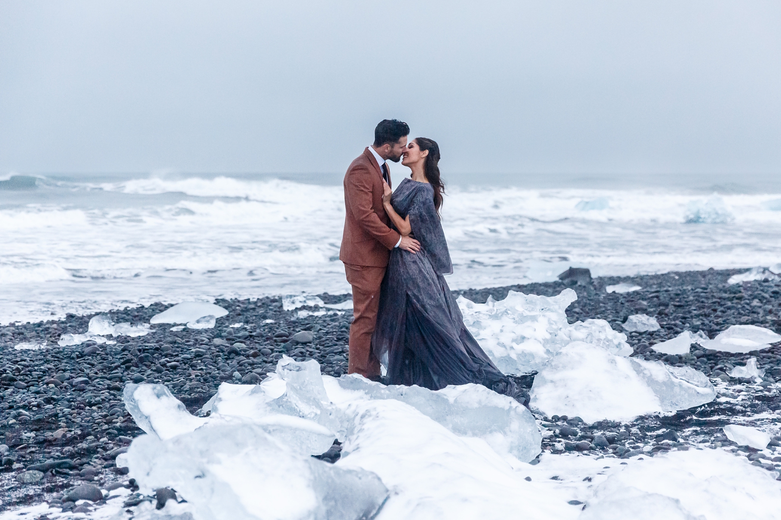 Diamond Beach in Iceland provides a dark fairytale backdrop for this eloping couple.