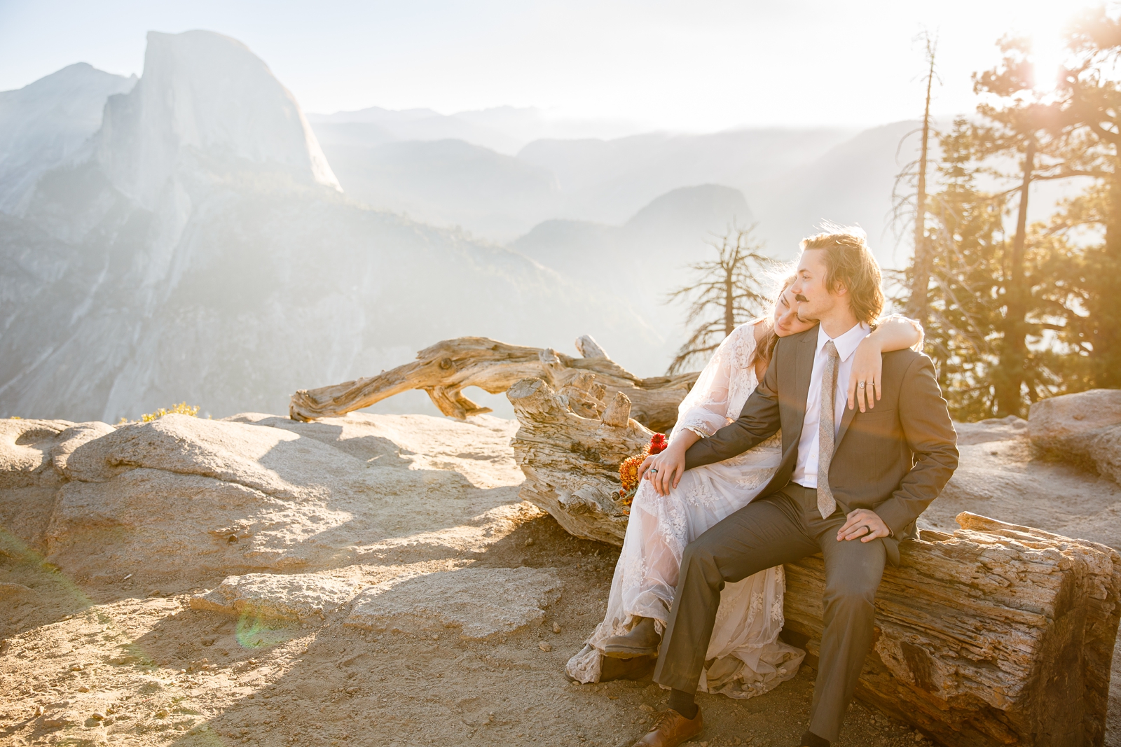 Bride and groom sharing a quiet moment in Yosemite.