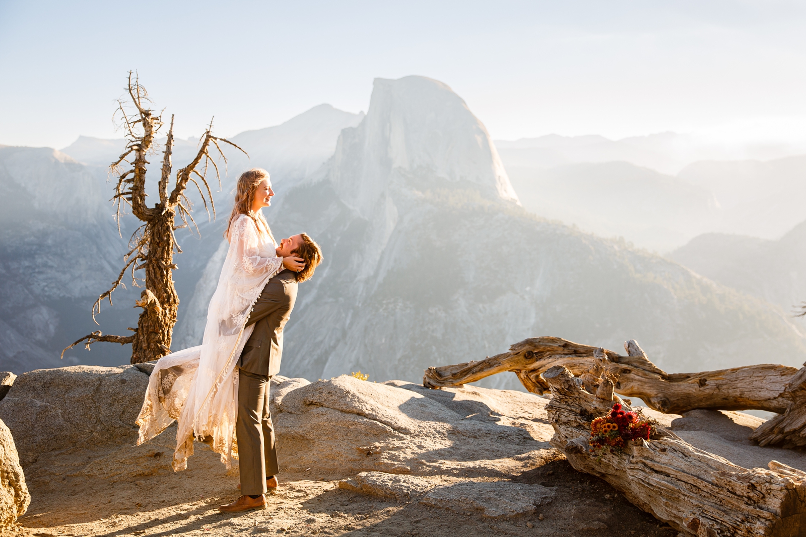 Fun couple eloping at Glacier Point, Yosemite.