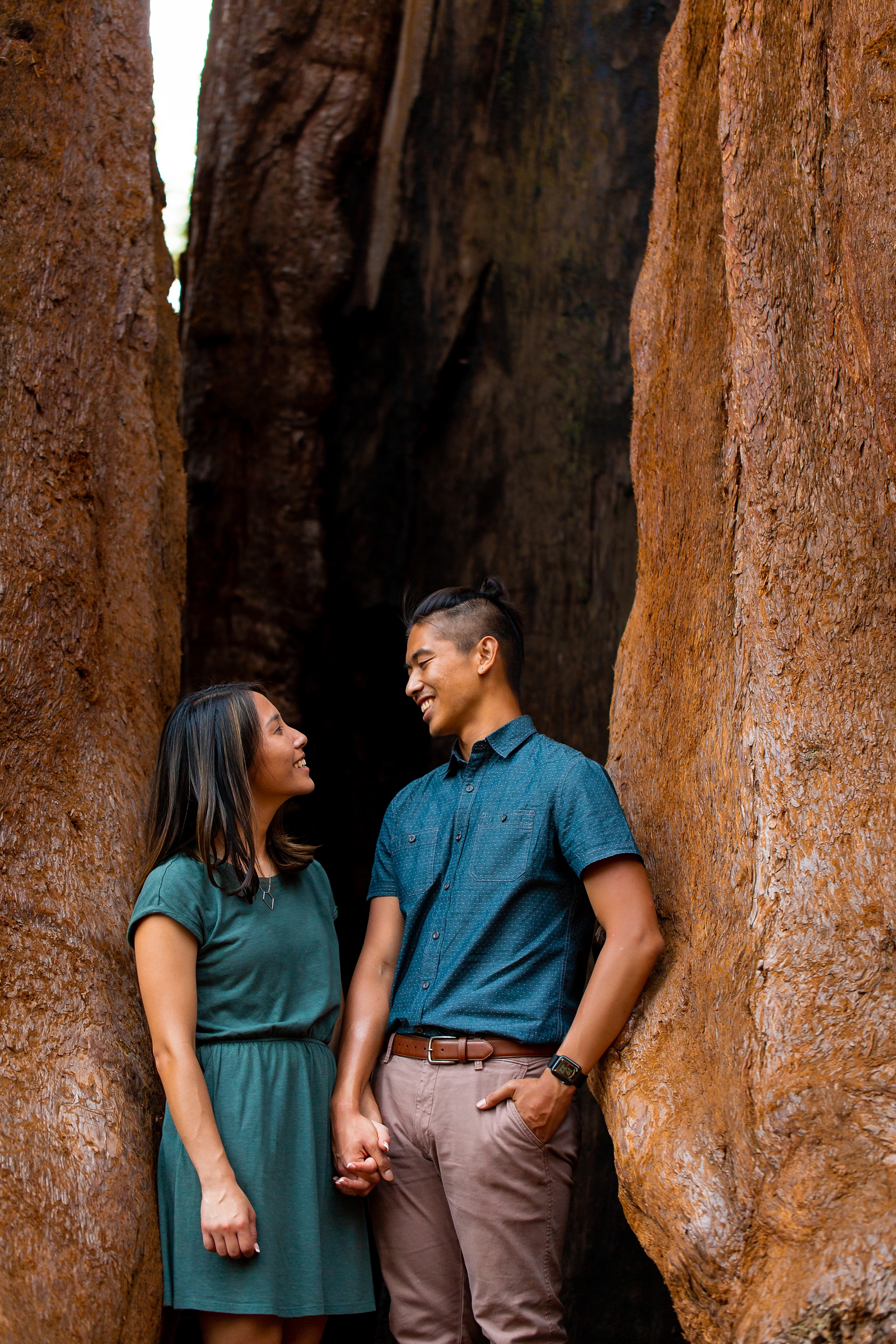 Engaged couple hanging out by giant Sequoia trees.
