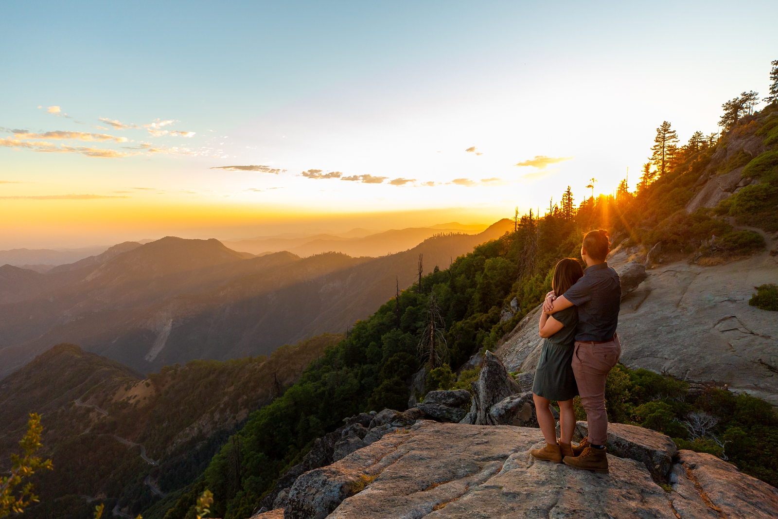 Golden hour sunset on the top of the mountain at this couple's Sequoia National Park engagement session.