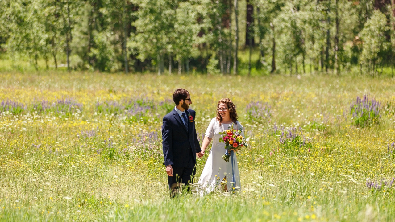 photo of newlyweds holding hands in wildflower field at Lake Tahoe