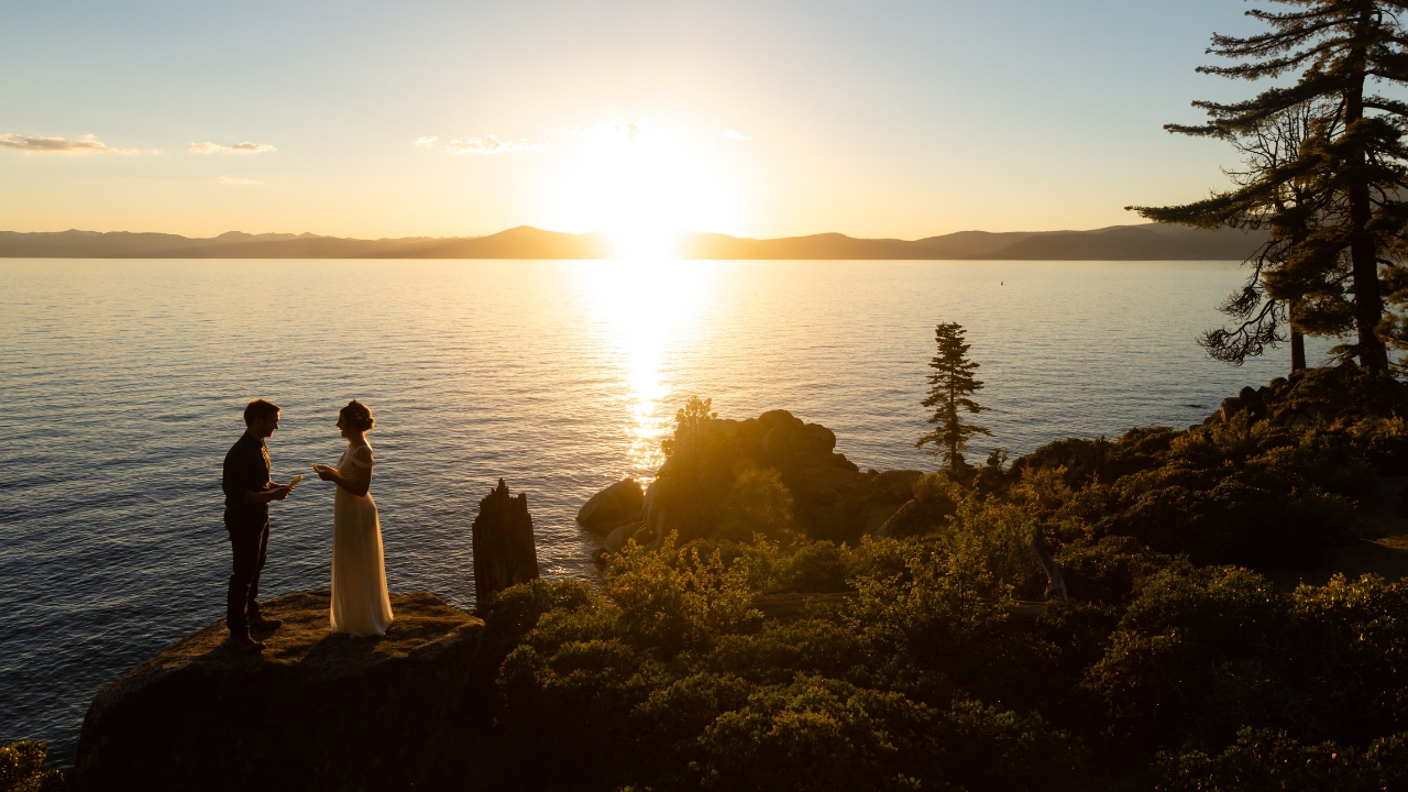 photo of couple exchanging vows in private elopement at Lake Tahoe