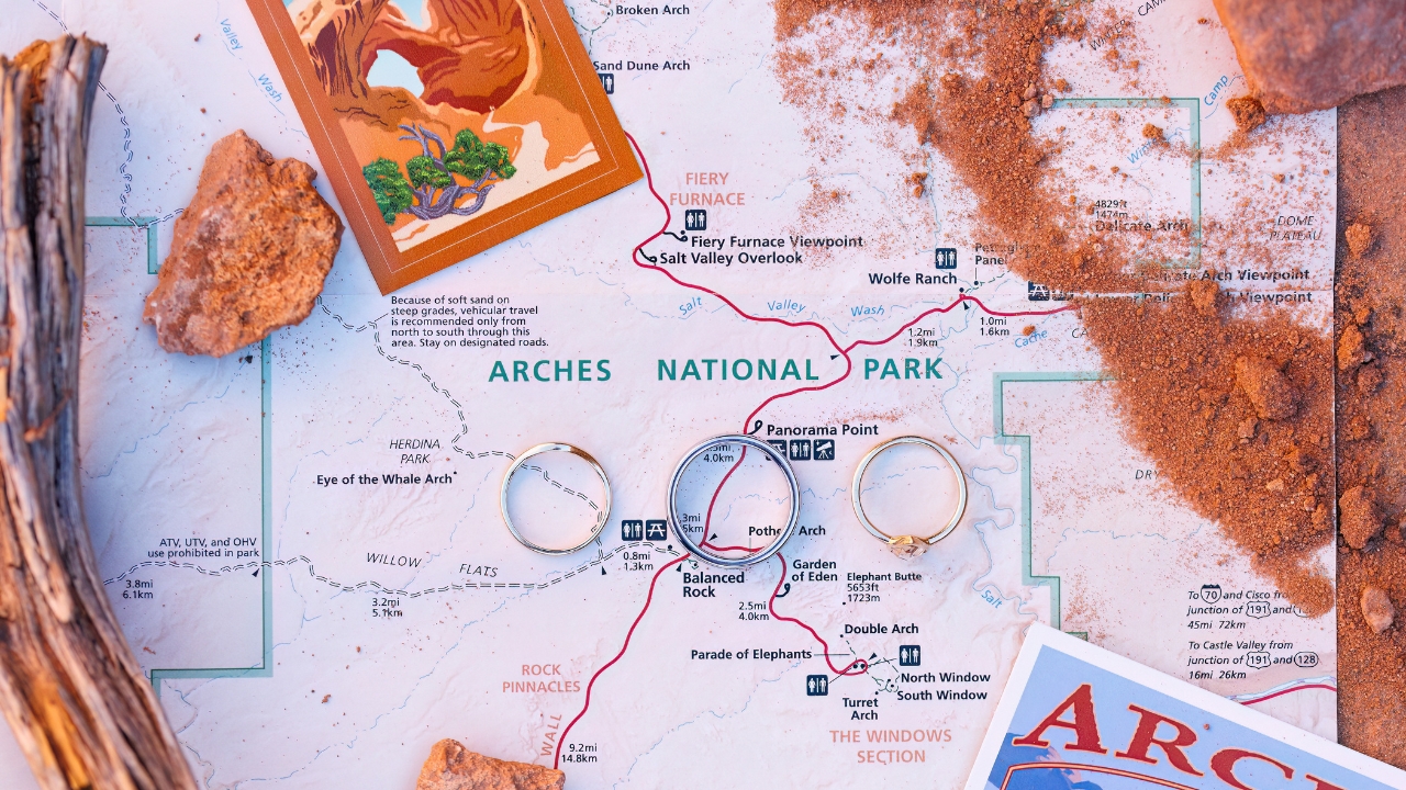 photo of Arches National Park map with wedding bands