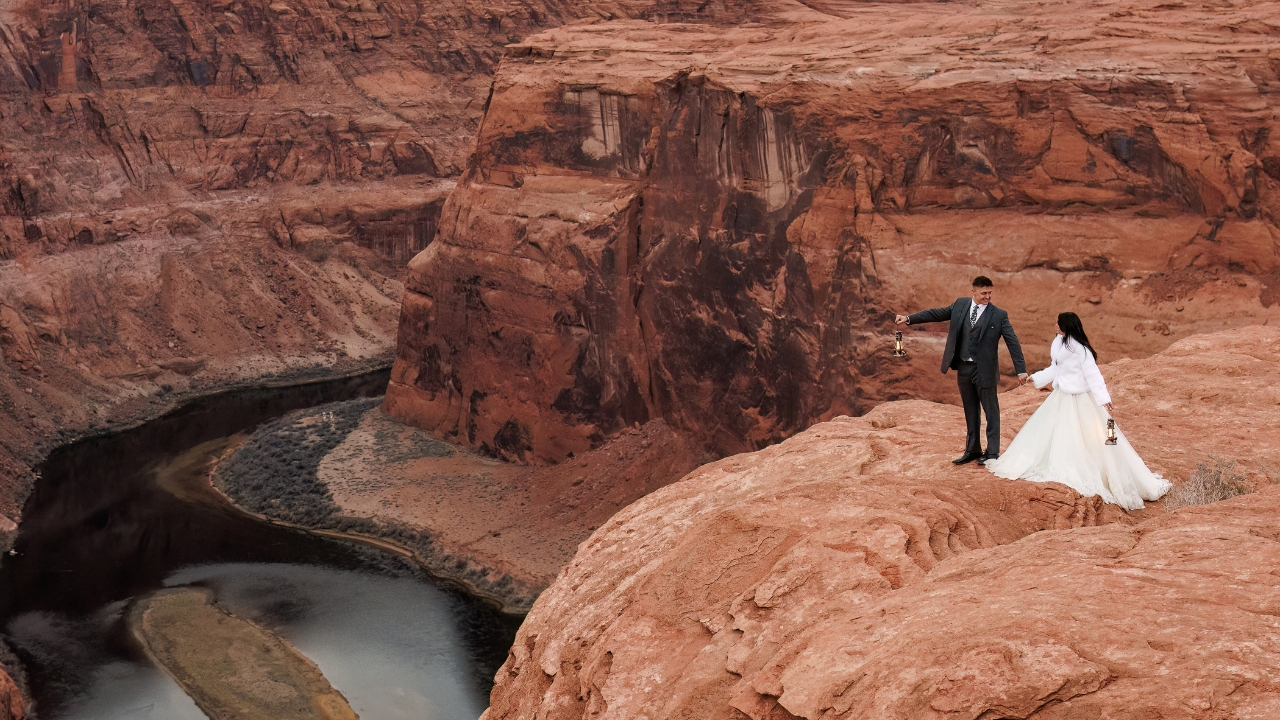 photo of bride and groom on wedding day at beside the Colorado River