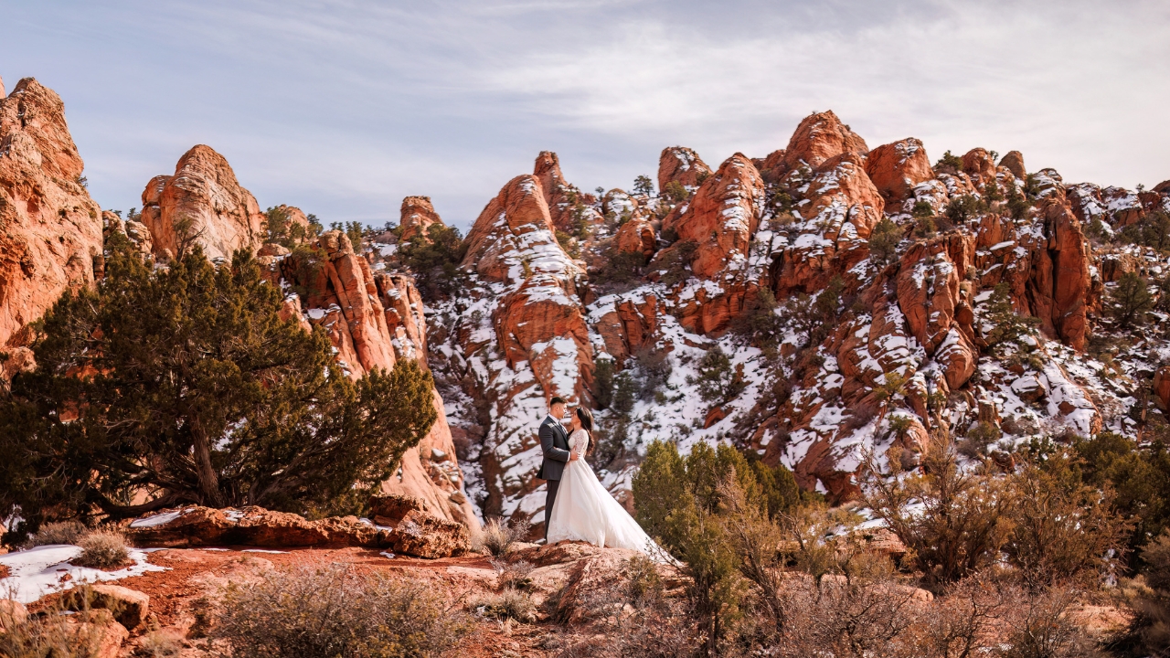 photo of bride and groom embracing and staring into one another's eyes with the snowcapped red rock behind them