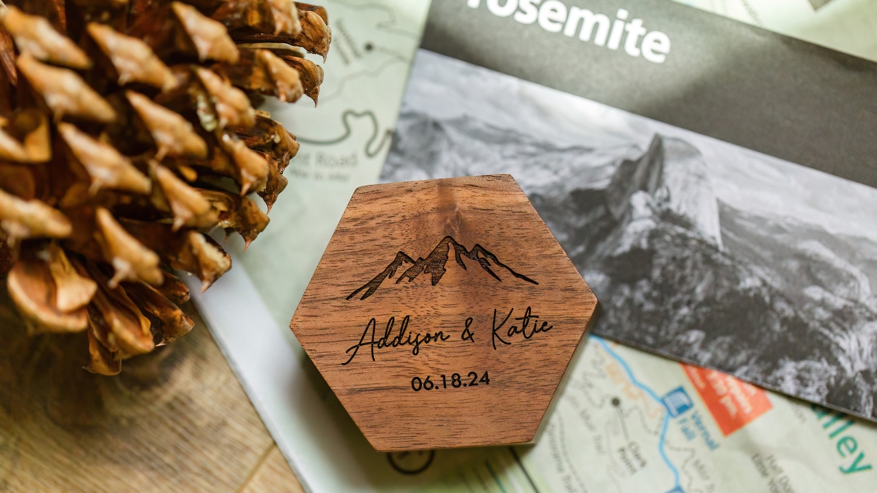 photo of custom ring box with Yosemite park map and pinecone behind it