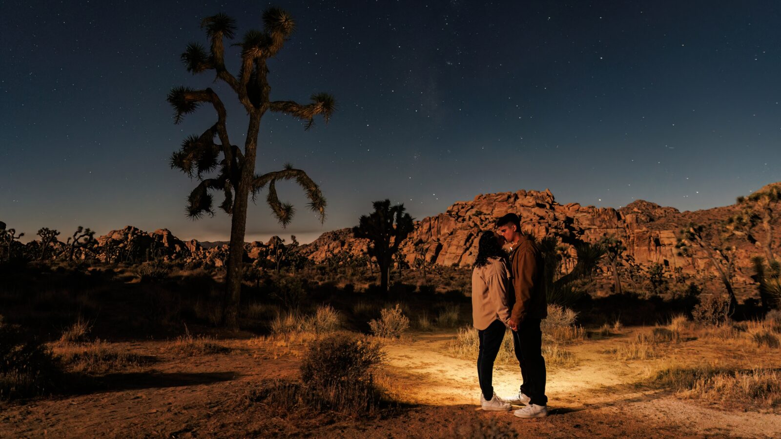 photo of couple holding hands and kissing at night with stars all around them