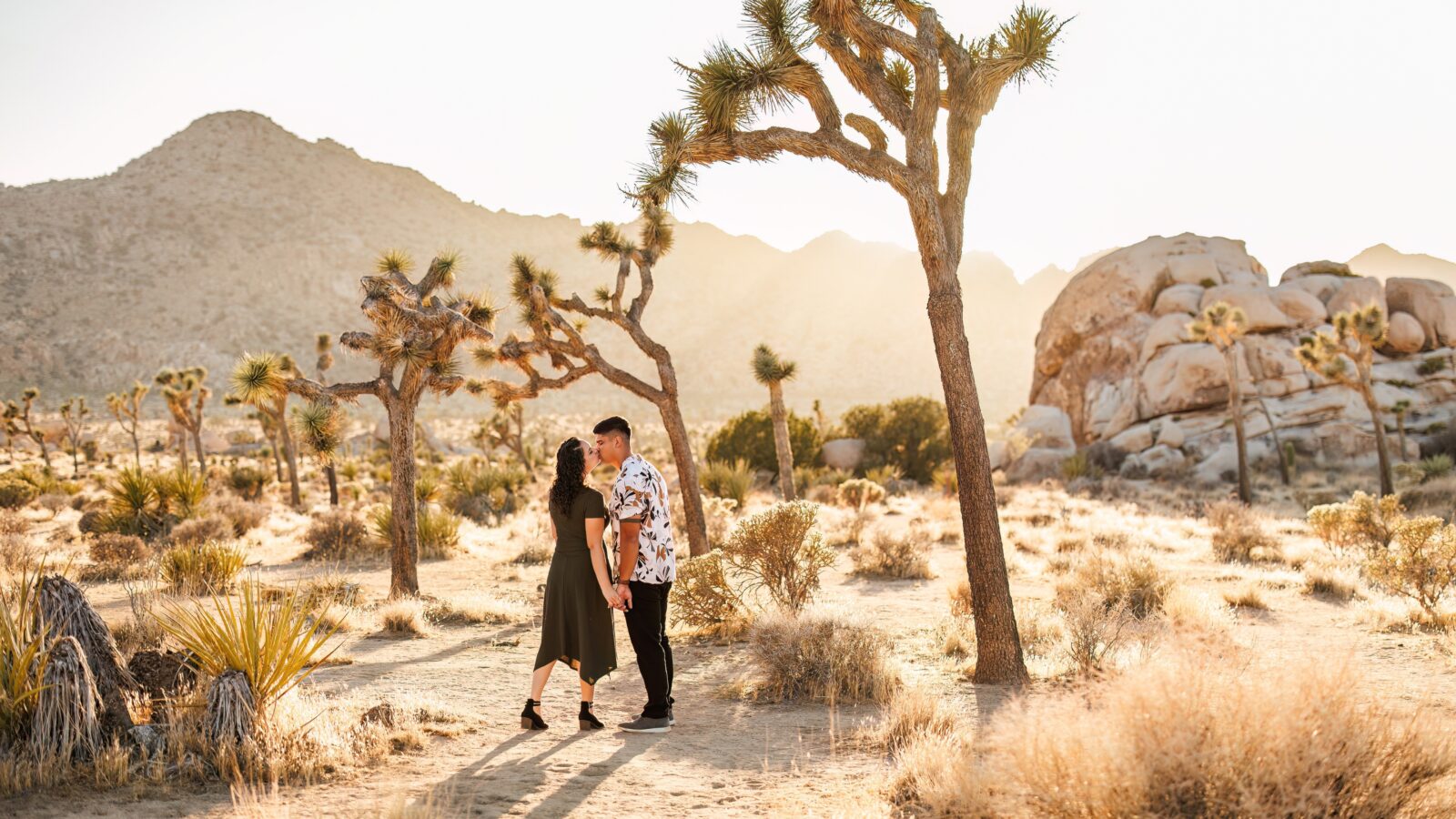 photo of couple holding hands and kissing with sunset behind them at Joshua Tree