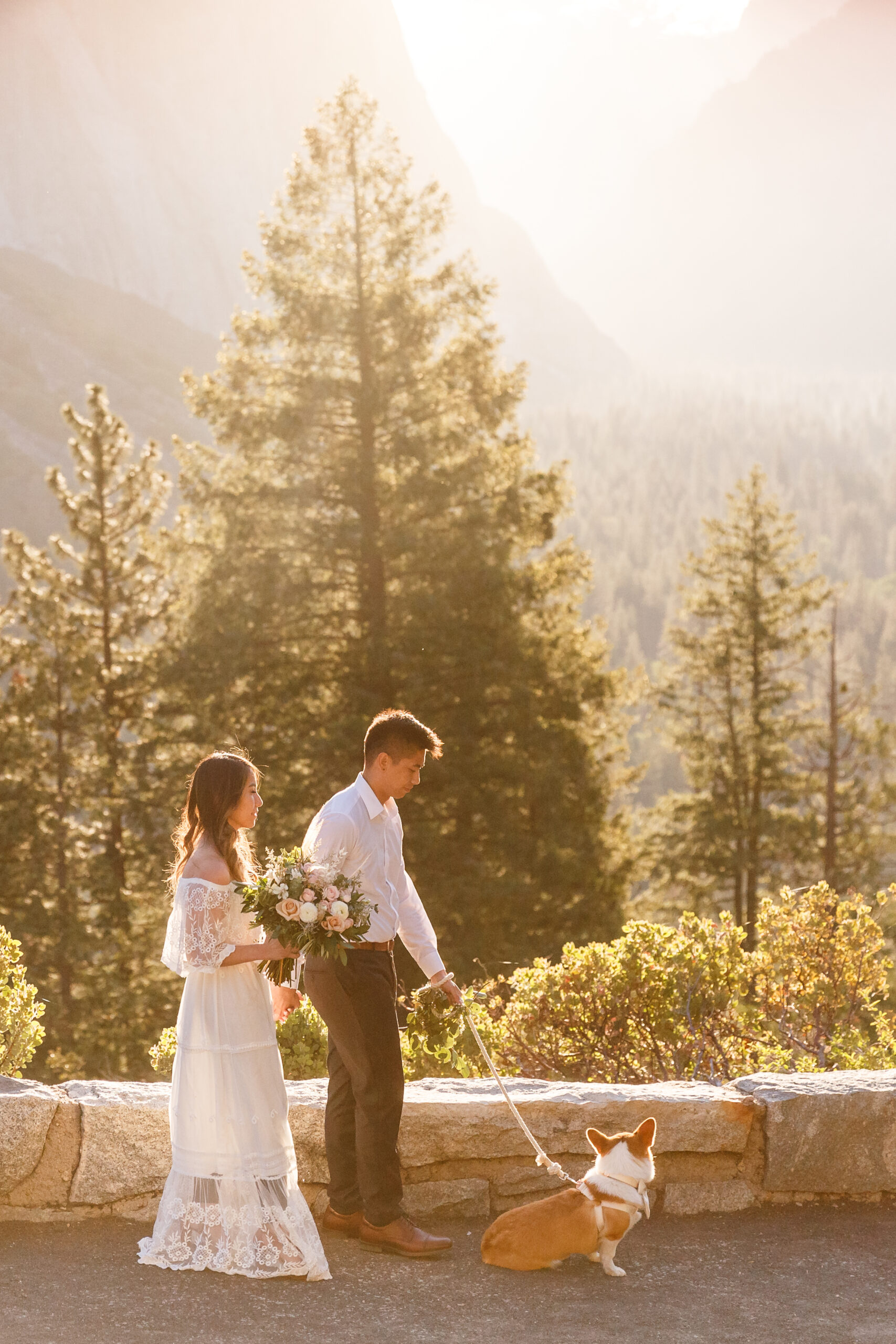 a couple walking with their dog during sunrise during their After Wedding Photoshoot