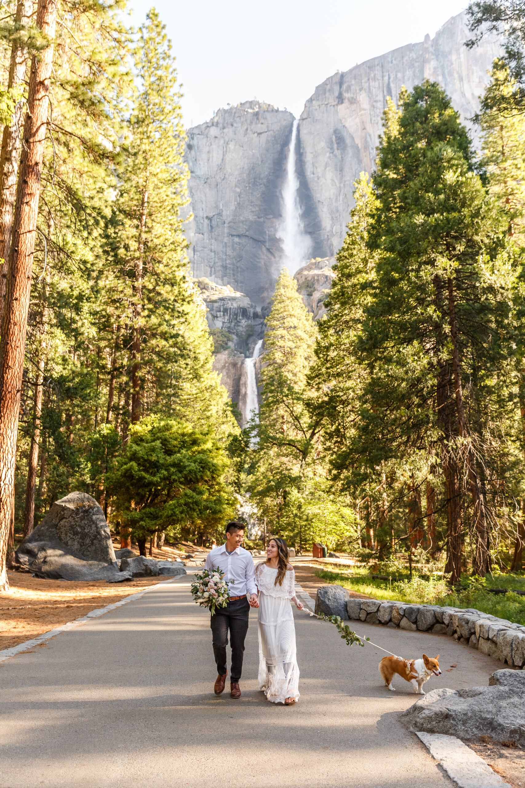 married couple walking with their dog in Yosemite during a After Wedding Photoshoot