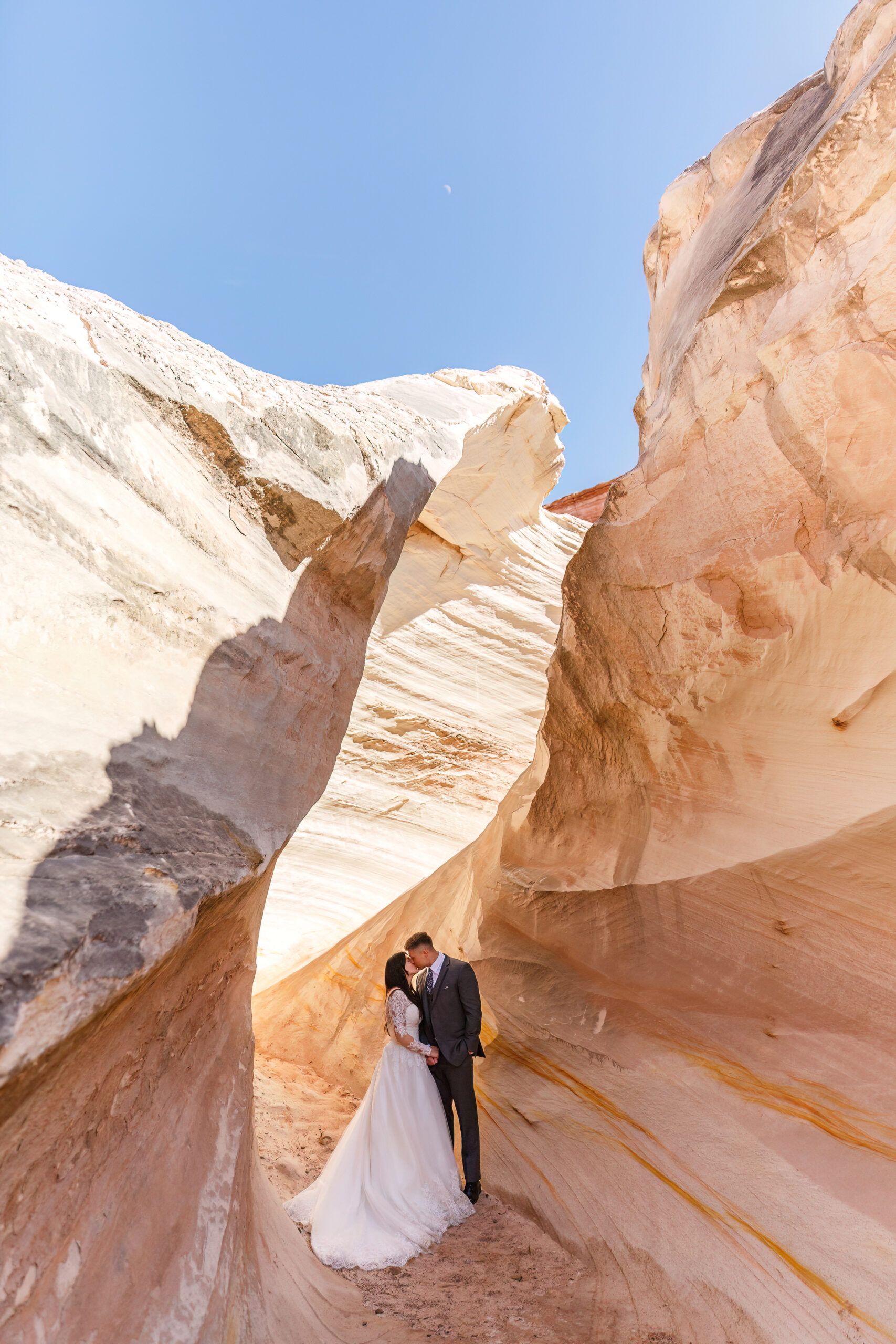 bridal couple portrait in the rock tunnels at horseshoe bend during their winter elopement