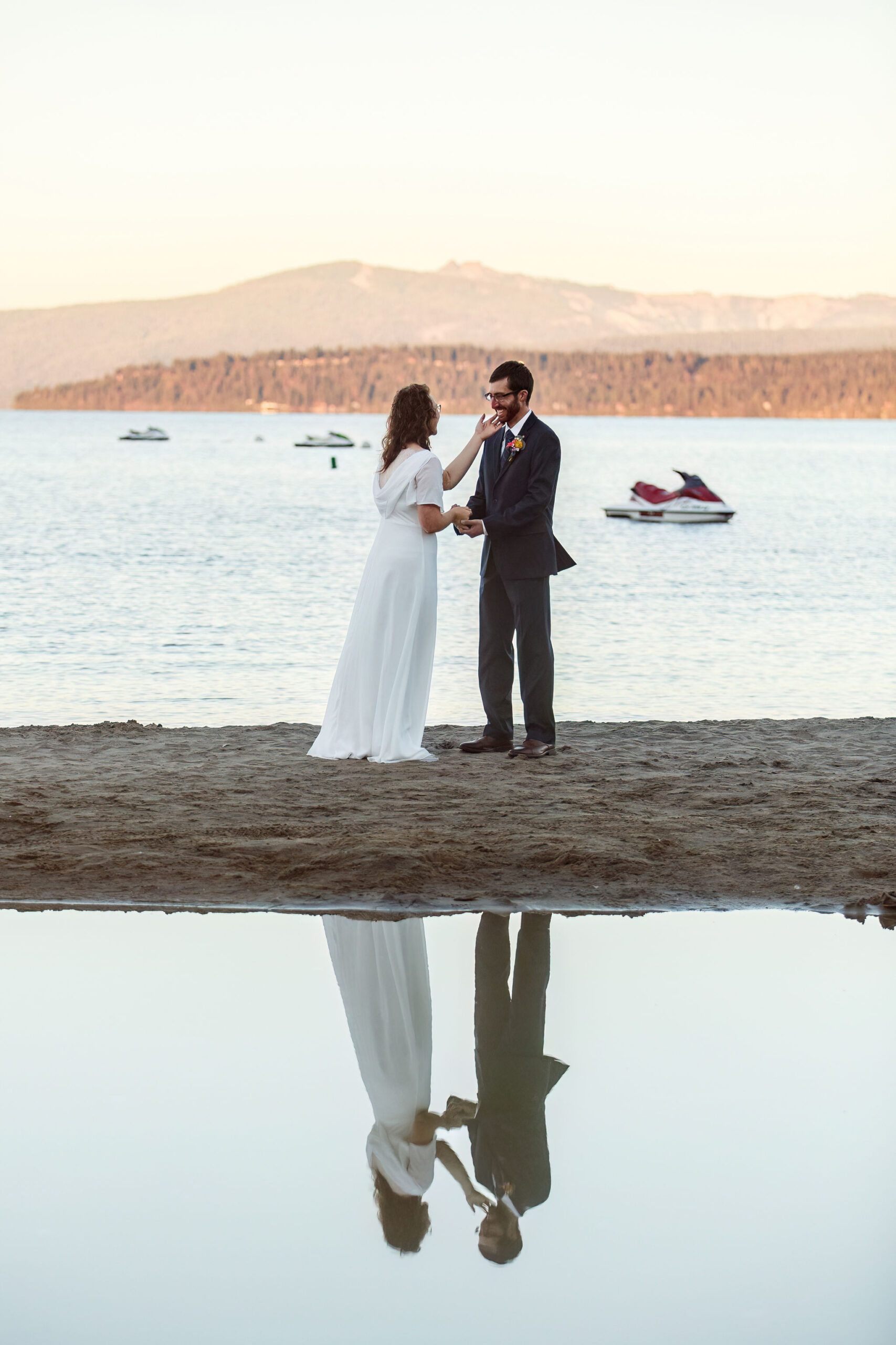 candid reactions as this couple has their first look together on lake Tahoe