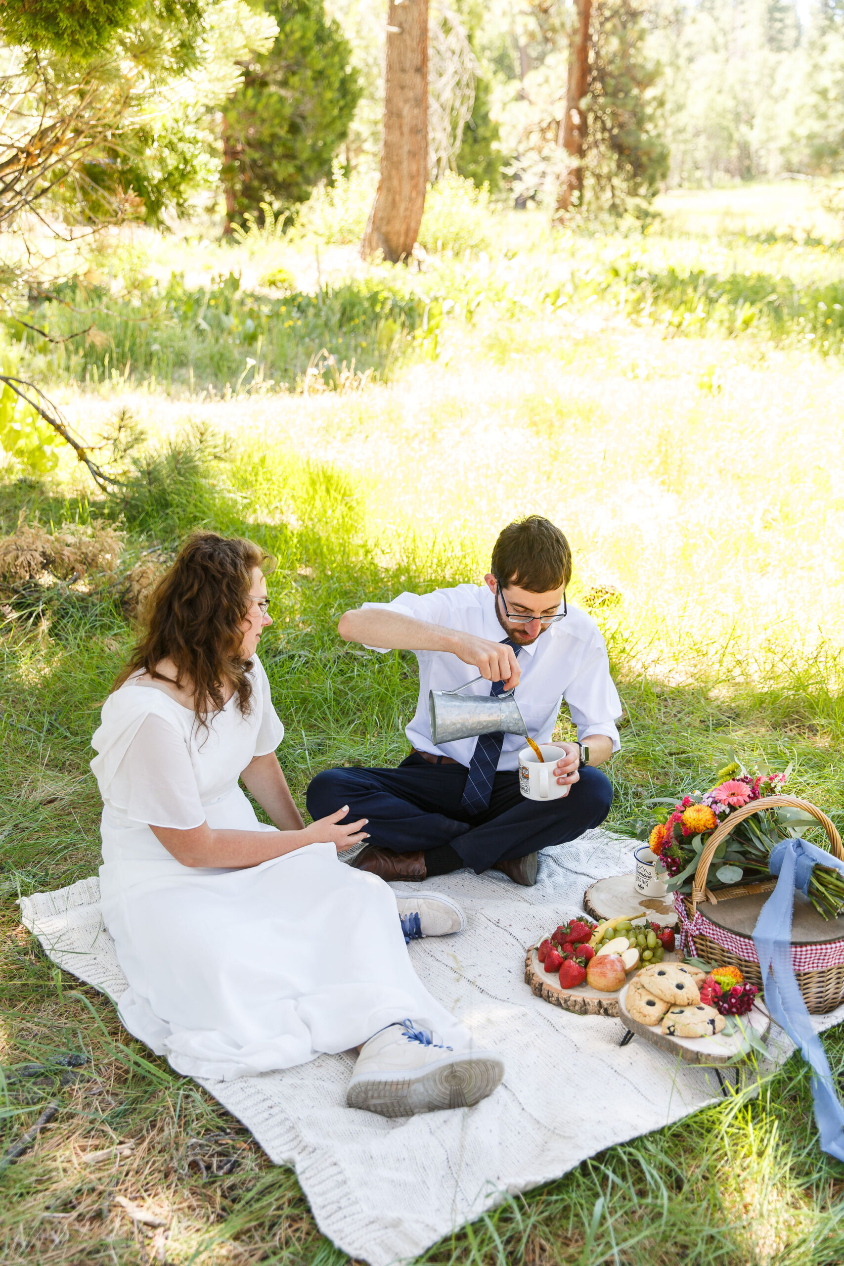 newly weds having a picnic after their ceremony, a perfect after Elopement Activity!