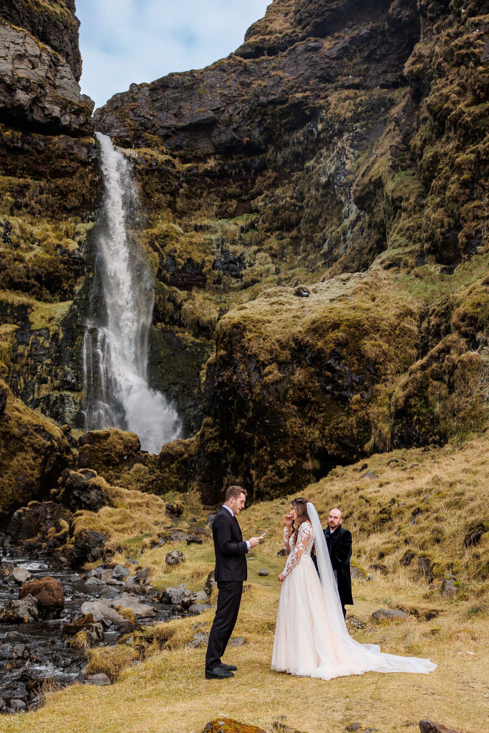 bride and groom during their winter elopement ceremony in Iceland 