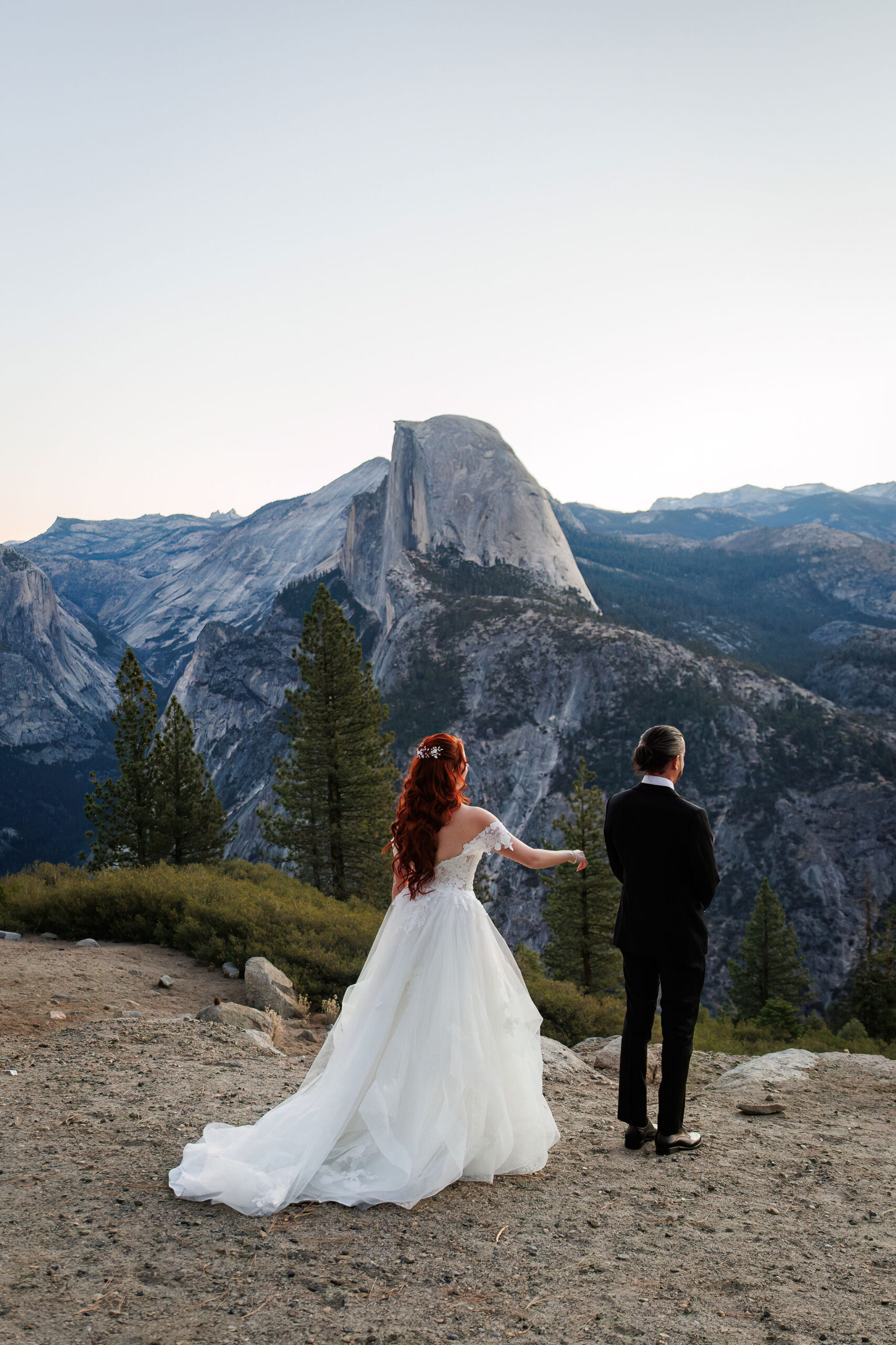 bride and groom first look in Yosemite 