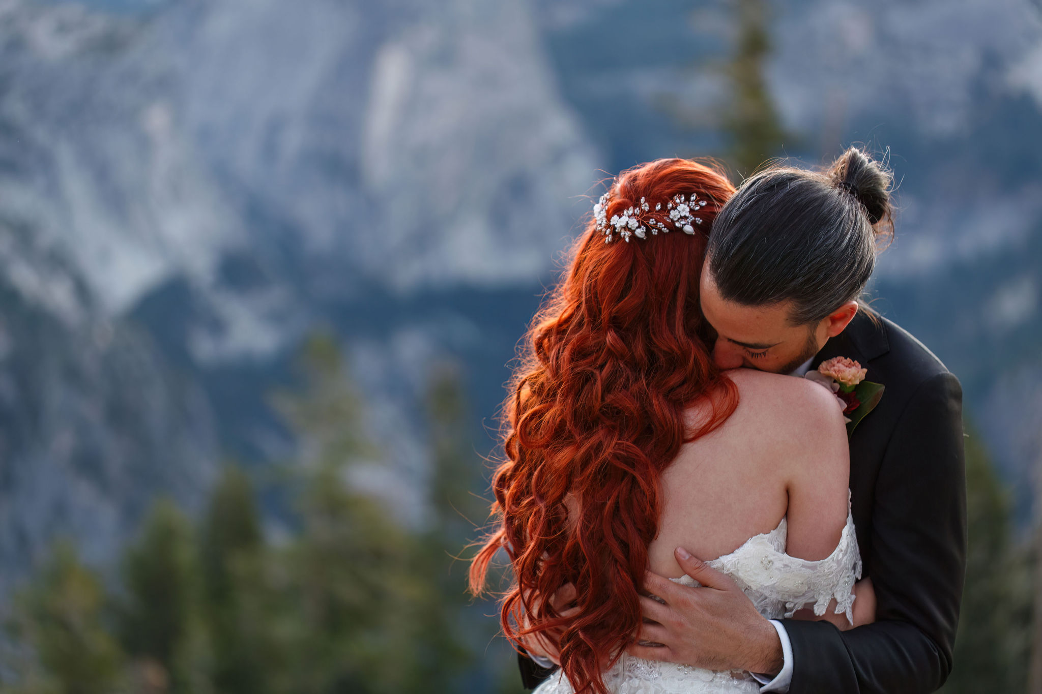 intimate moment between the bride and groom 