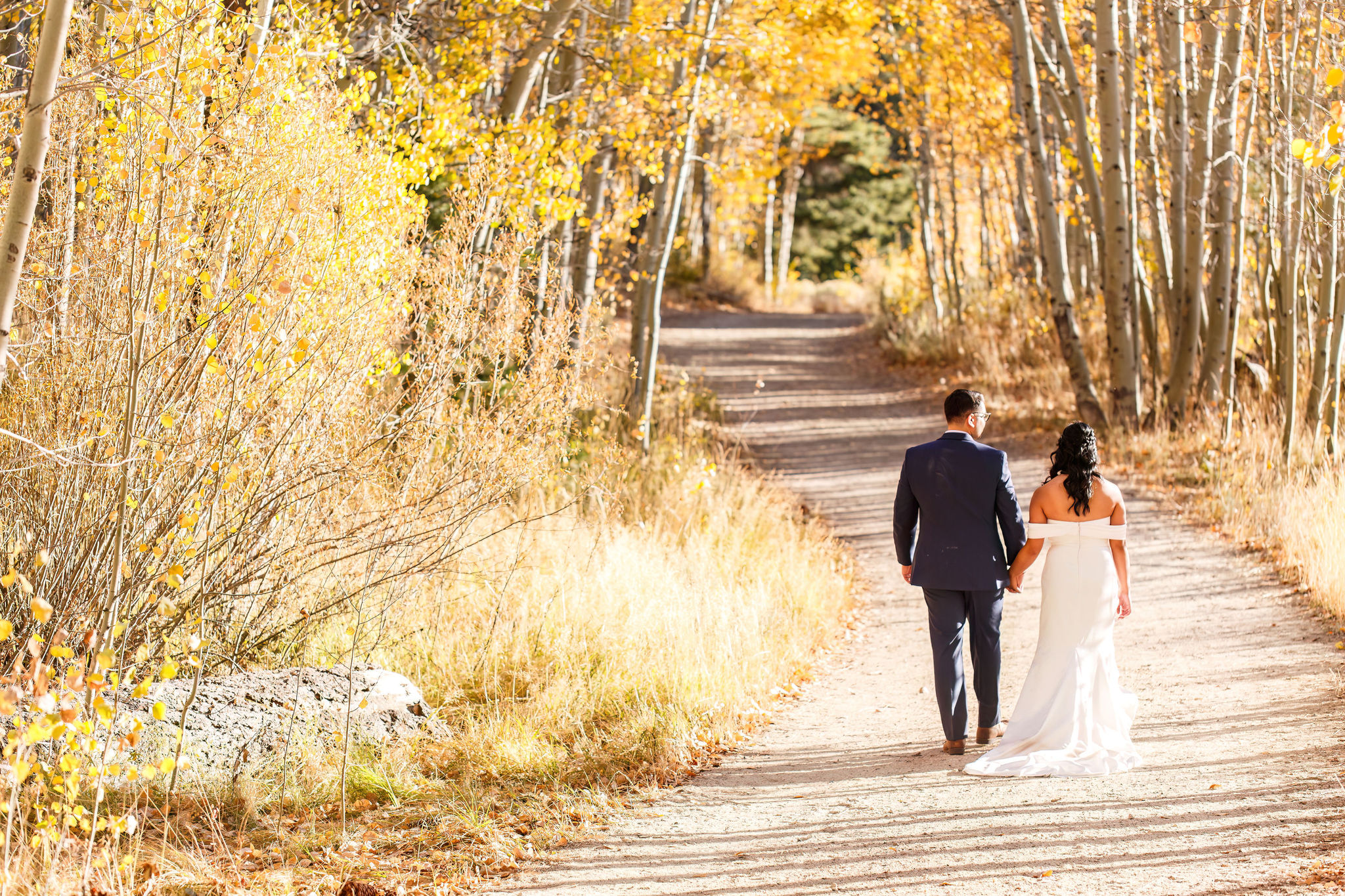 bride and groom walking down the path through the aspens 