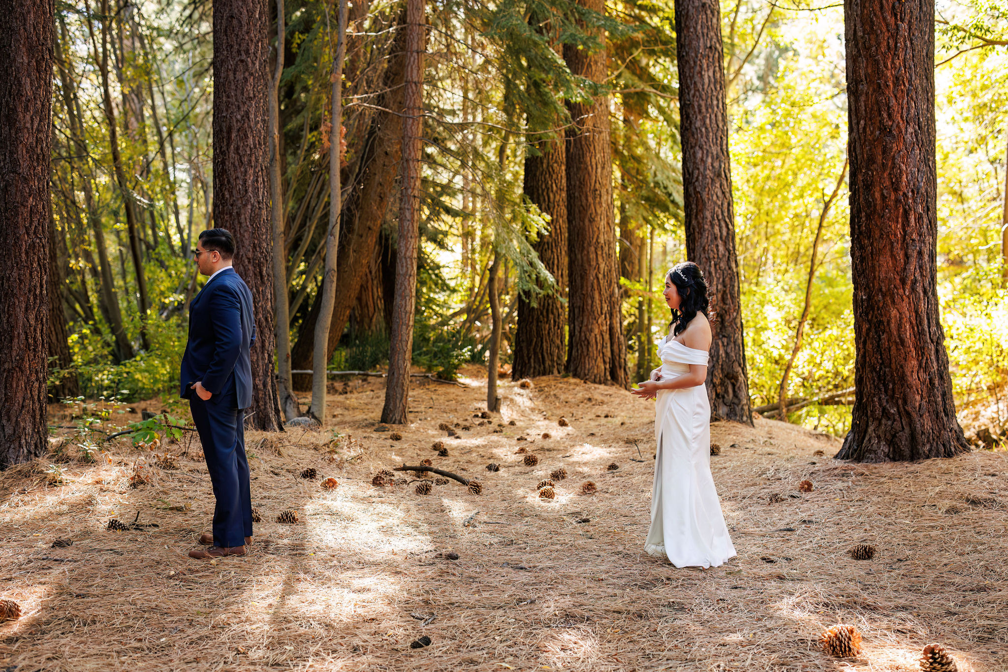 bride and groom during their first look during a Elopement in Lake Tahoe