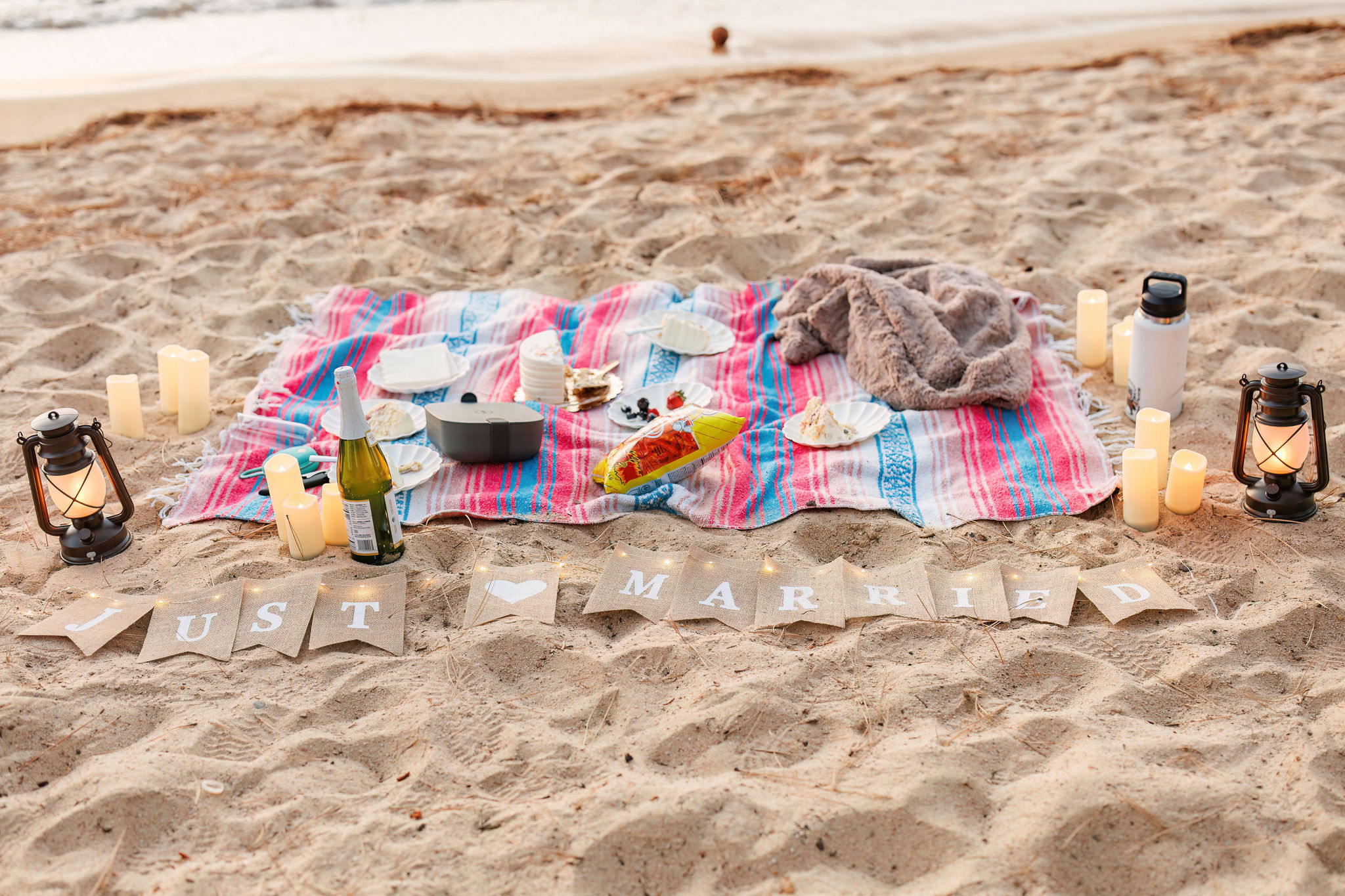 beach picnic set up for Elopement in Lake Tahoe