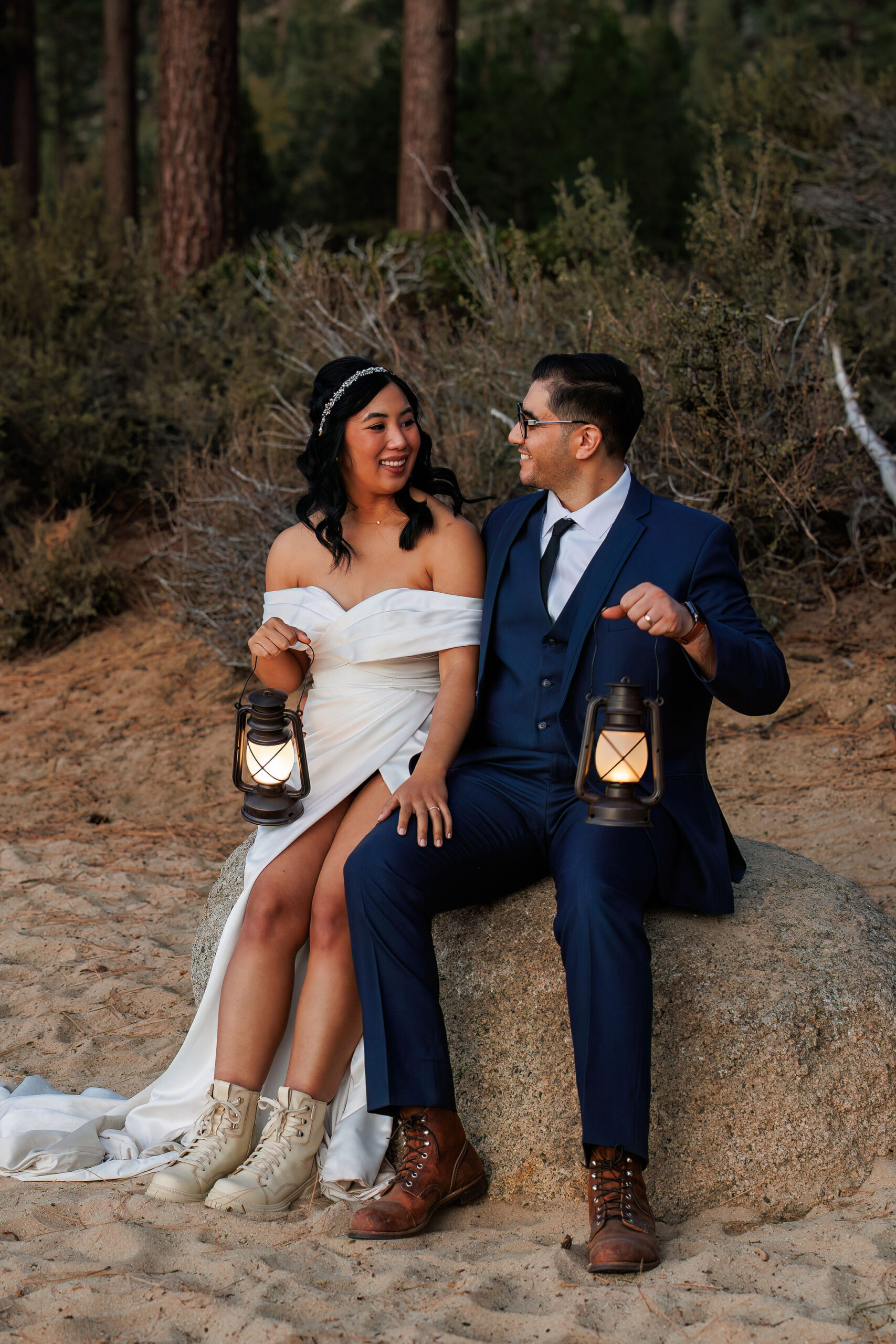 bridal couple portraits holding lanterns 