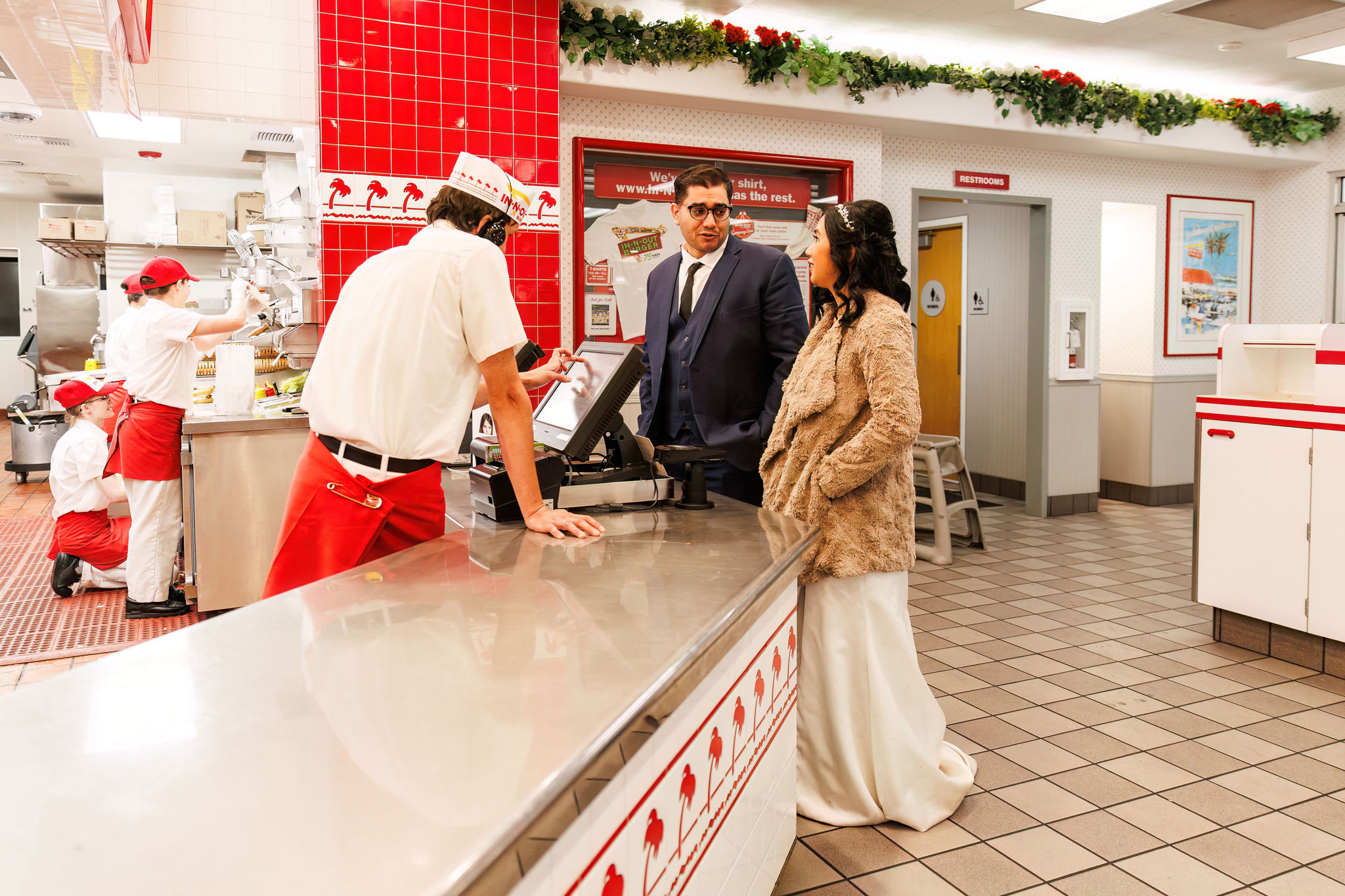 bride and groom ordering at in-n-out after their Elopement in Lake Tahoe