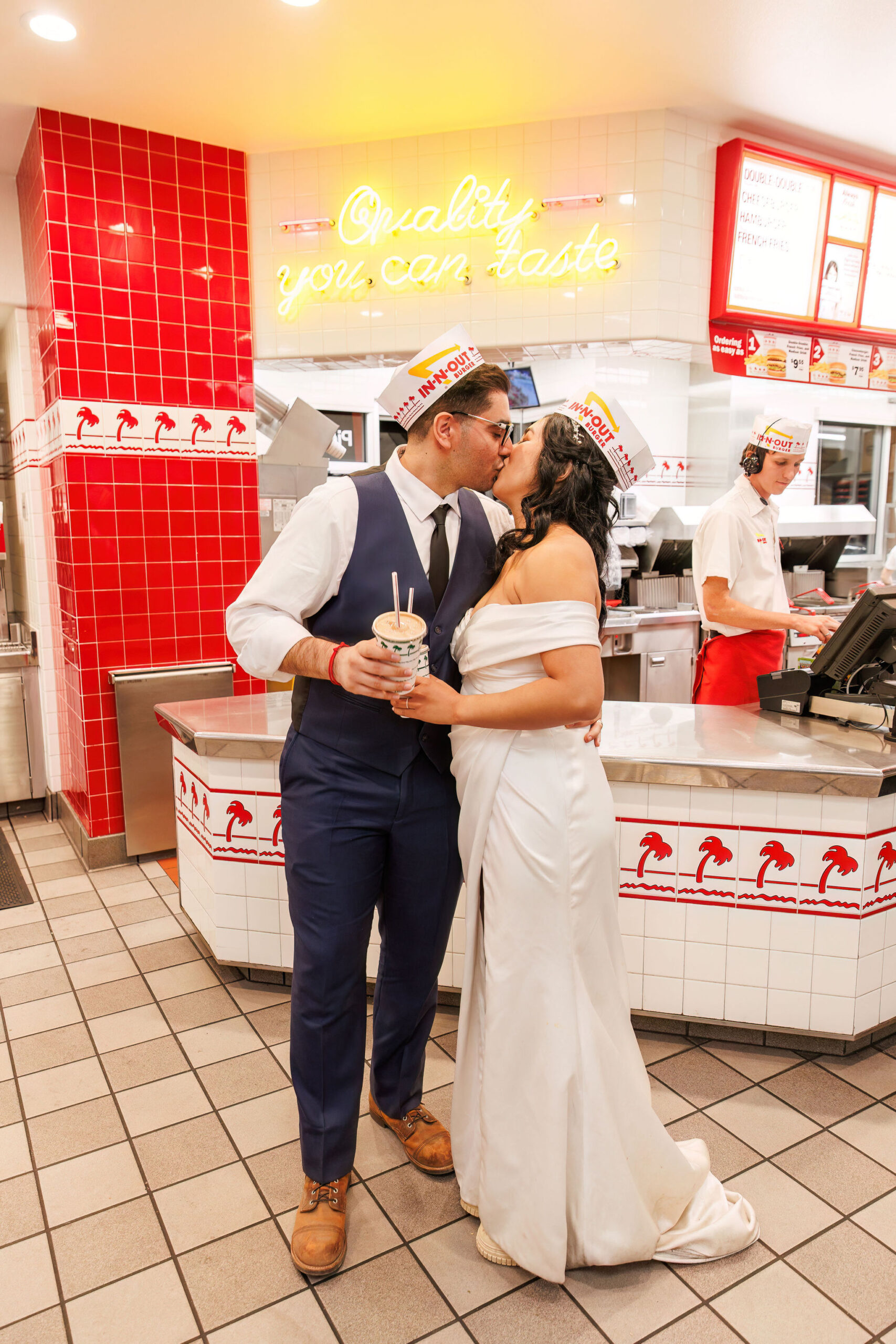 bridal couple kissing at in-n-out after their Elopement in Lake Tahoe