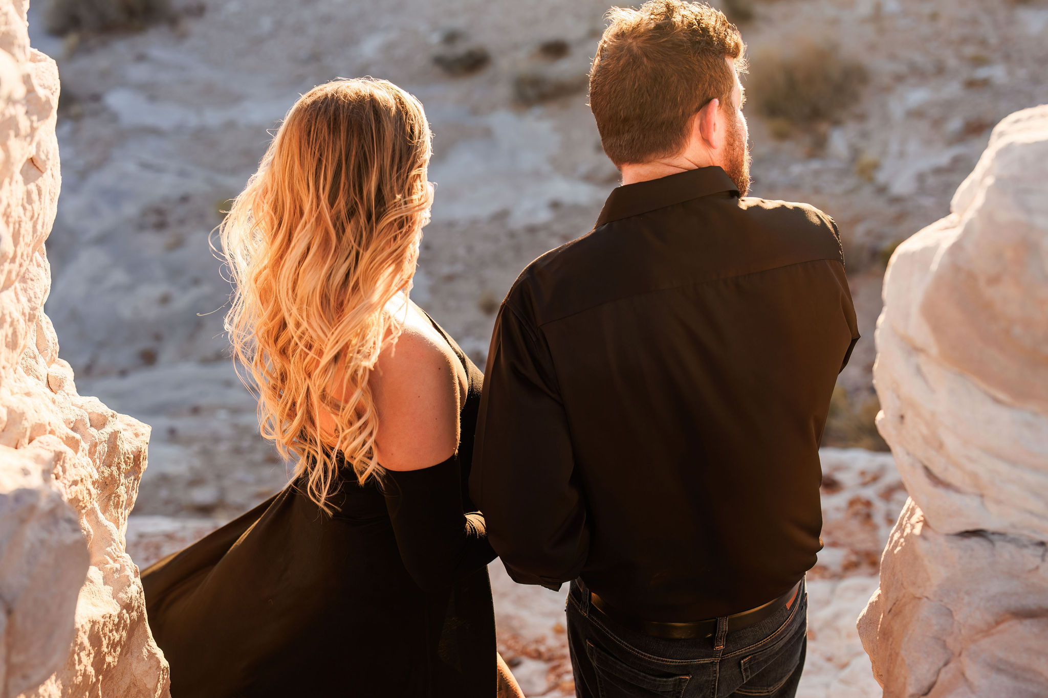 a view from behind the couple as they look on at the view 