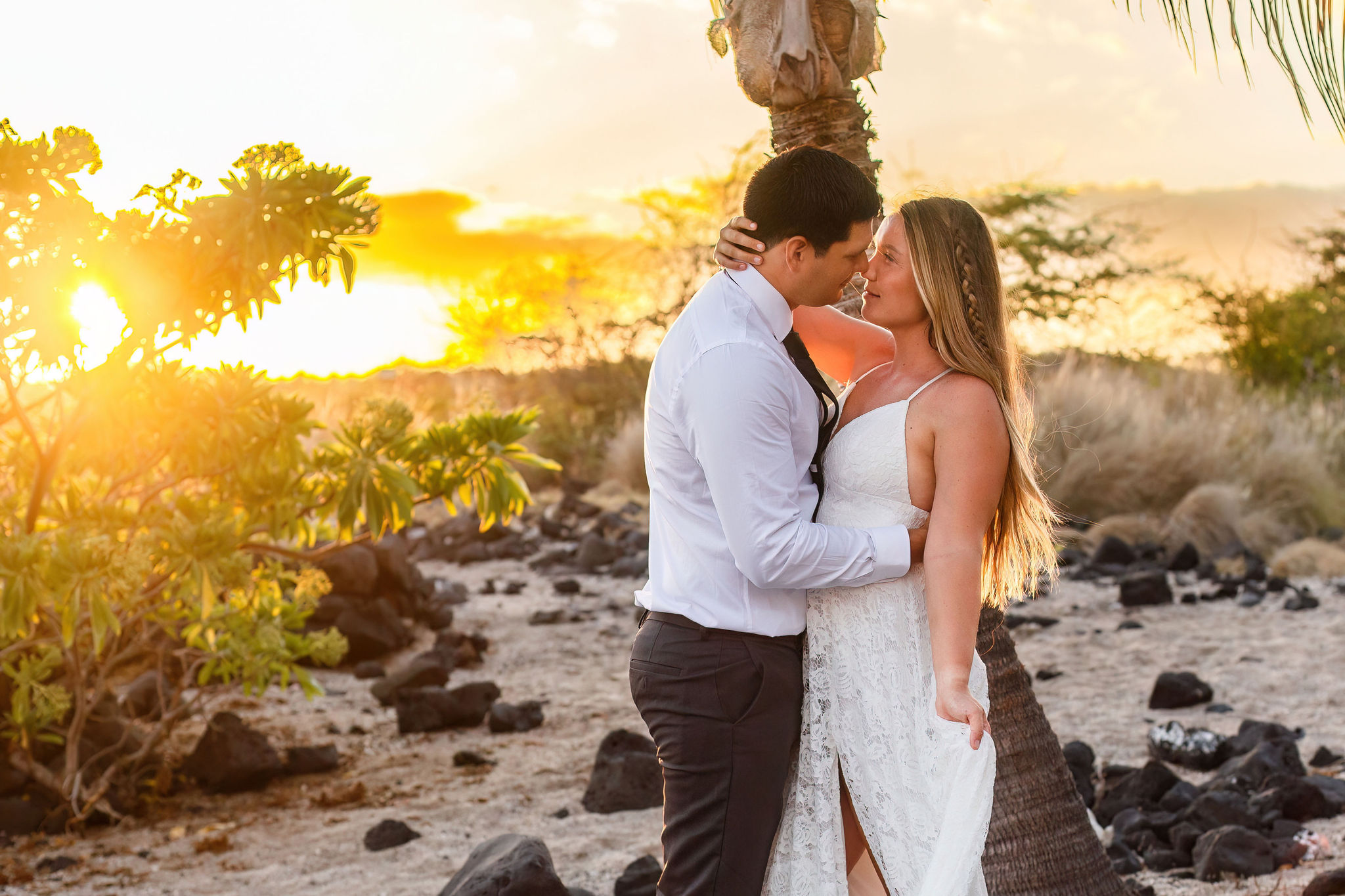 the sunset shining on the newly weds on the beach 