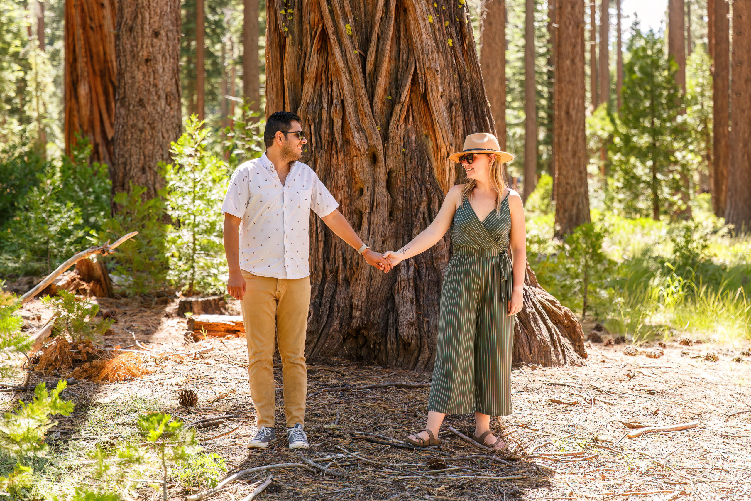 newly engaged couple holding hands in front of a big tree