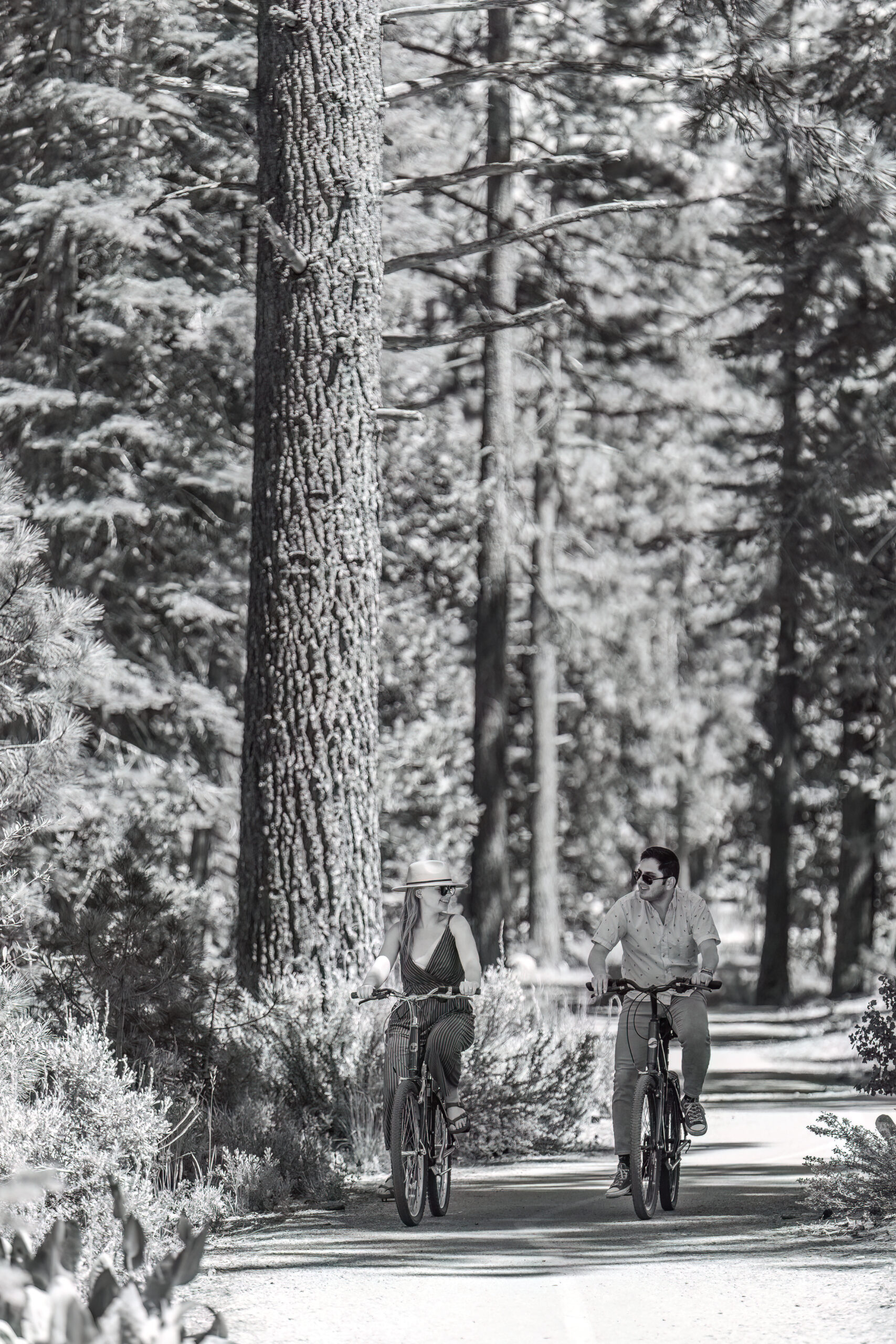 black and white of a couple riding through Lake Tahoe's bike trails together