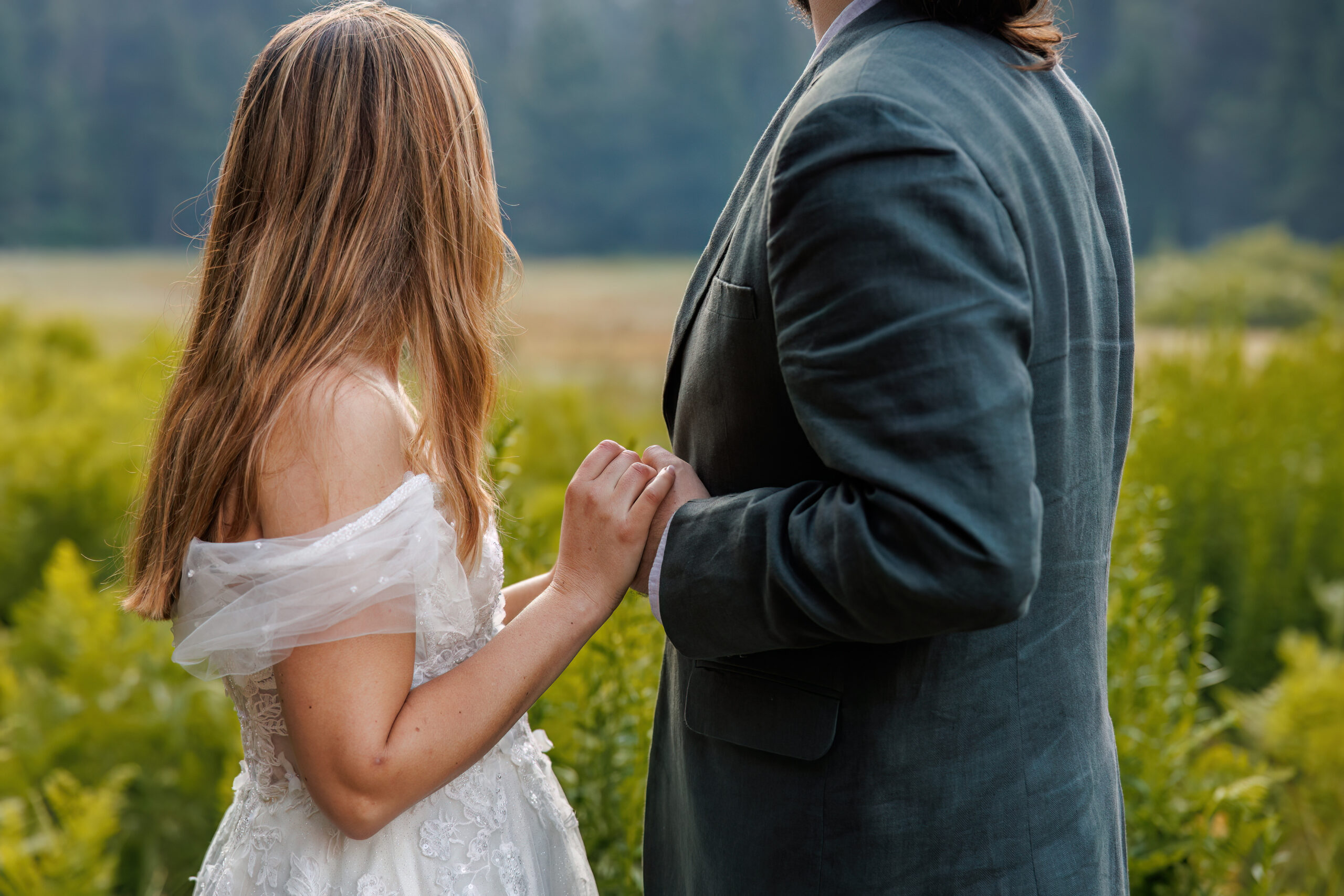 a couple holding hands as they look off at the view